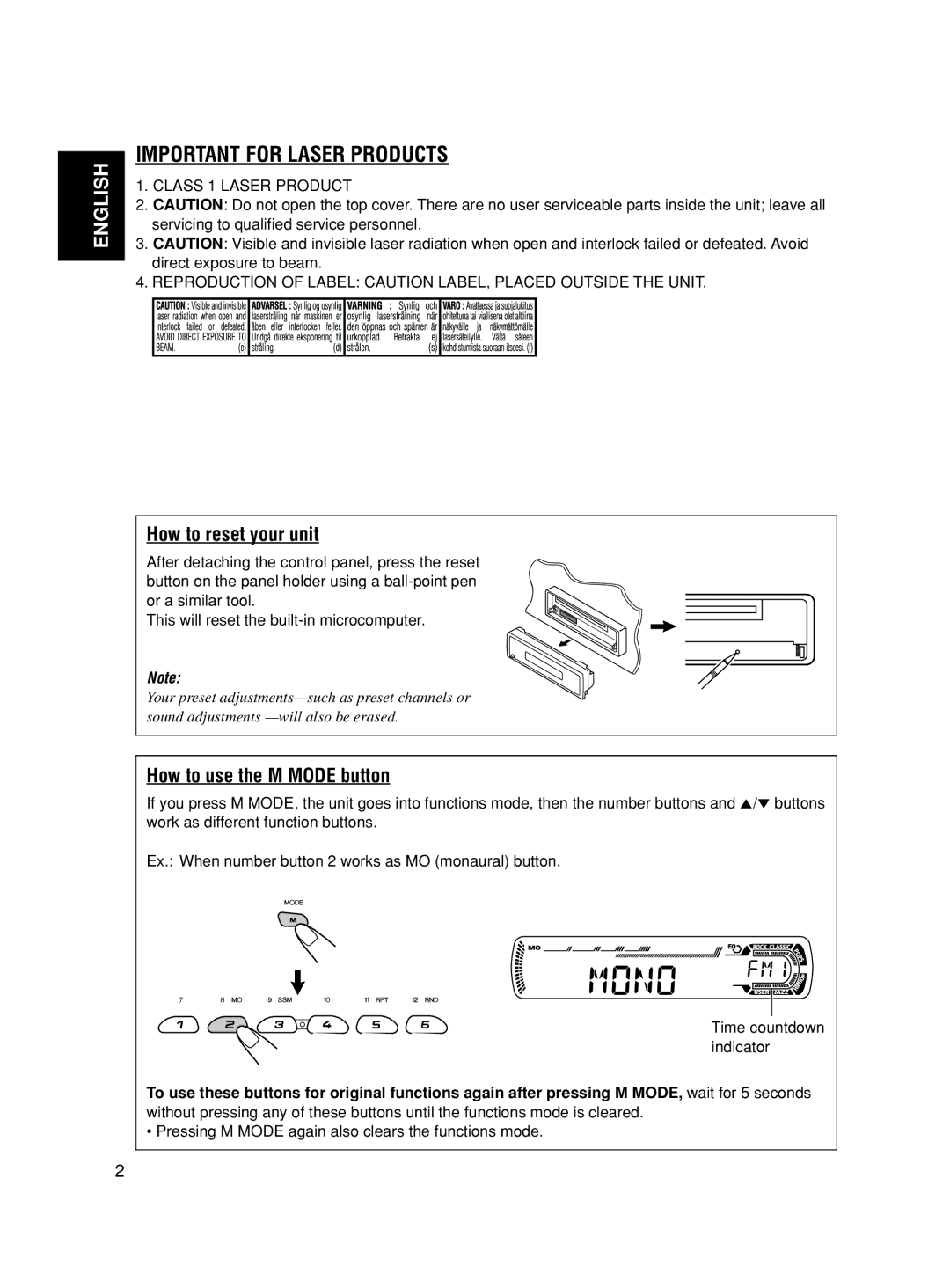 JVC GET0188-001A manual How to reset your unit, How to use the M Mode button 