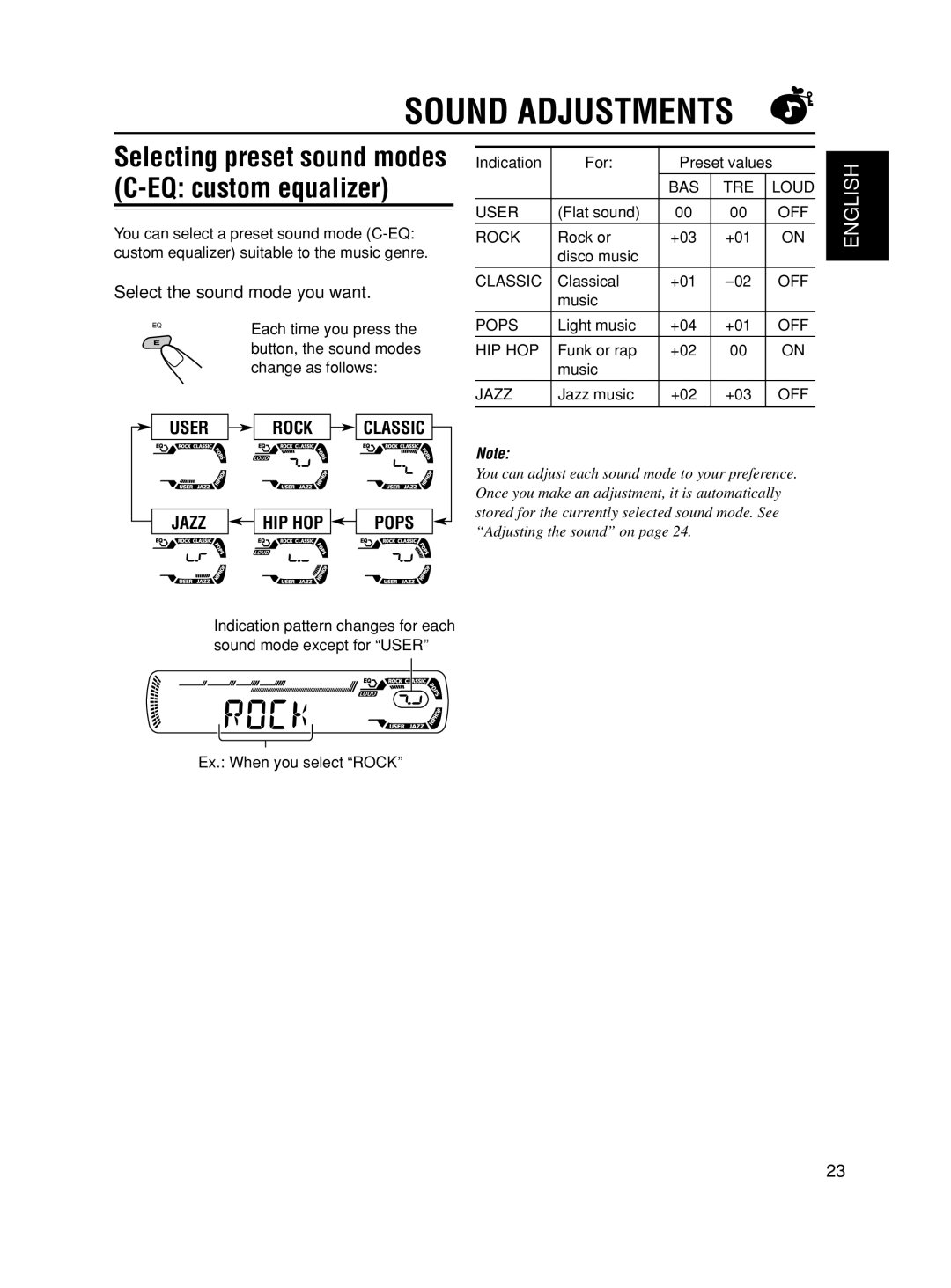 JVC GET0188-001A manual Sound Adjustments, EQ custom equalizer, Select the sound mode you want, For 