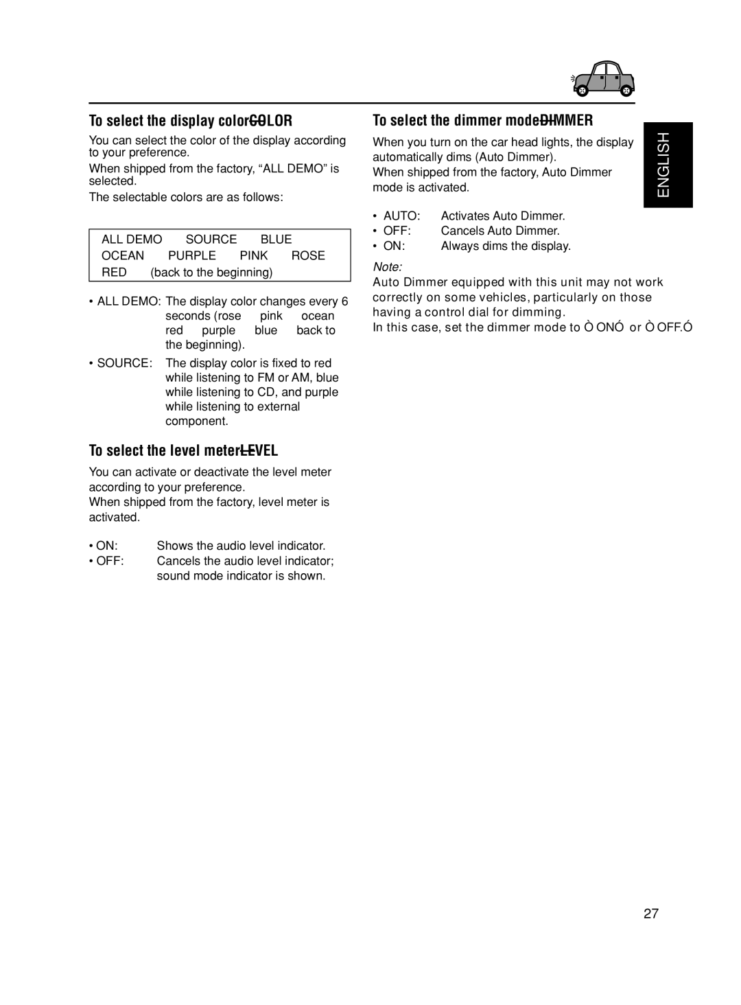 JVC GET0188-001A To select the display color-COLOR, To select the level meter-LEVEL, To select the dimmer mode-DIMMER 