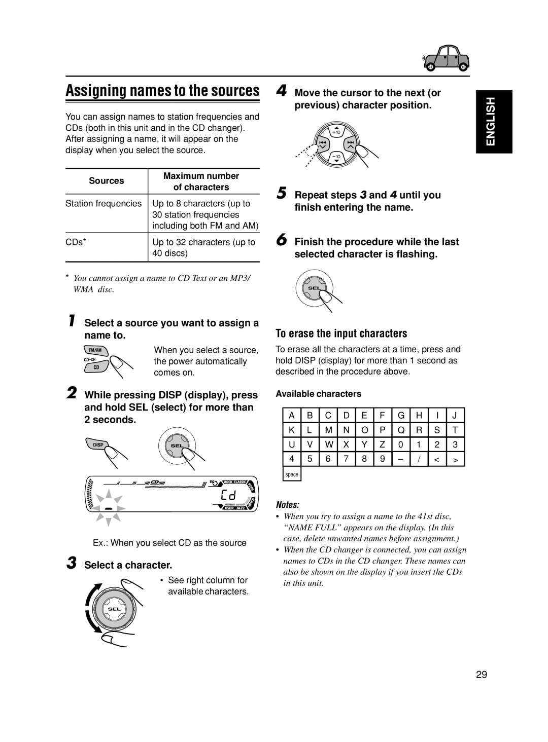 JVC GET0188-001A manual To erase the input characters, Select a source you want to assign a name to, Select a character 