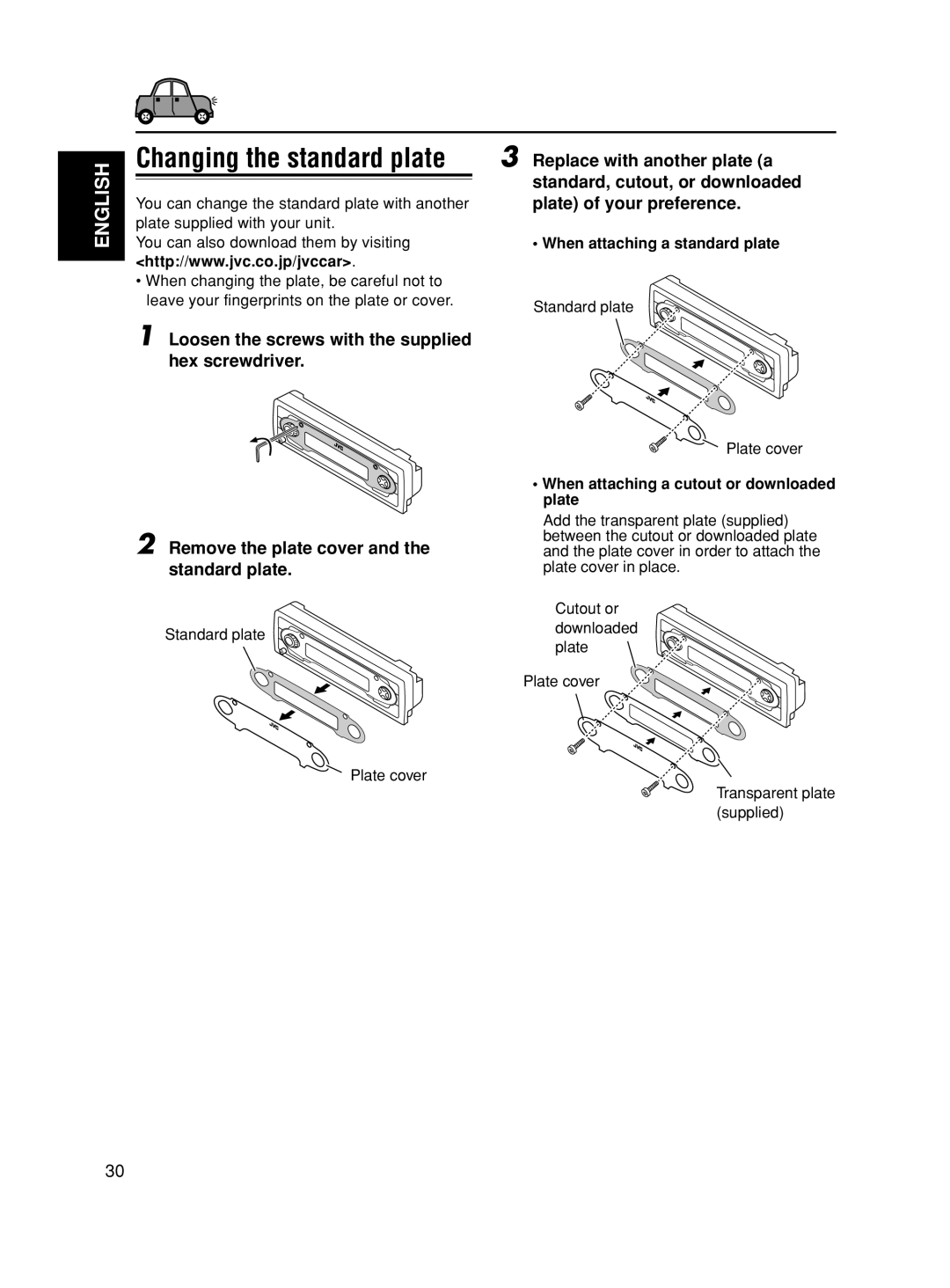 JVC GET0188-001A Standard plate Plate cover, When attaching a standard plate, When attaching a cutout or downloaded plate 