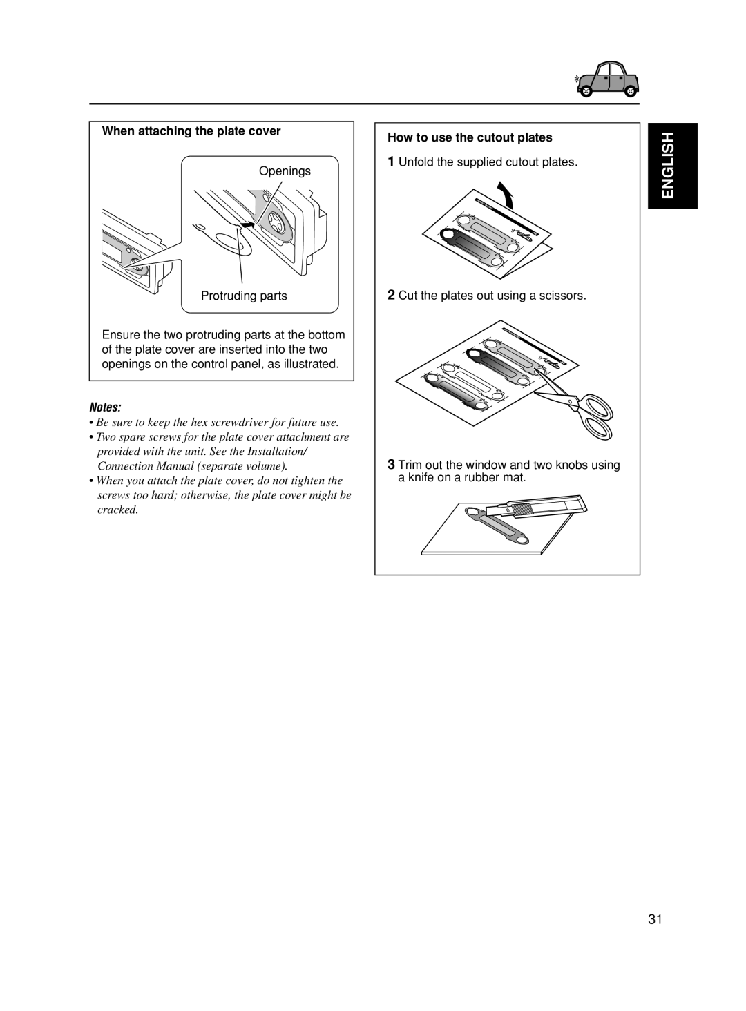 JVC GET0188-001A manual When attaching the plate cover, Openings Protruding parts, How to use the cutout plates 