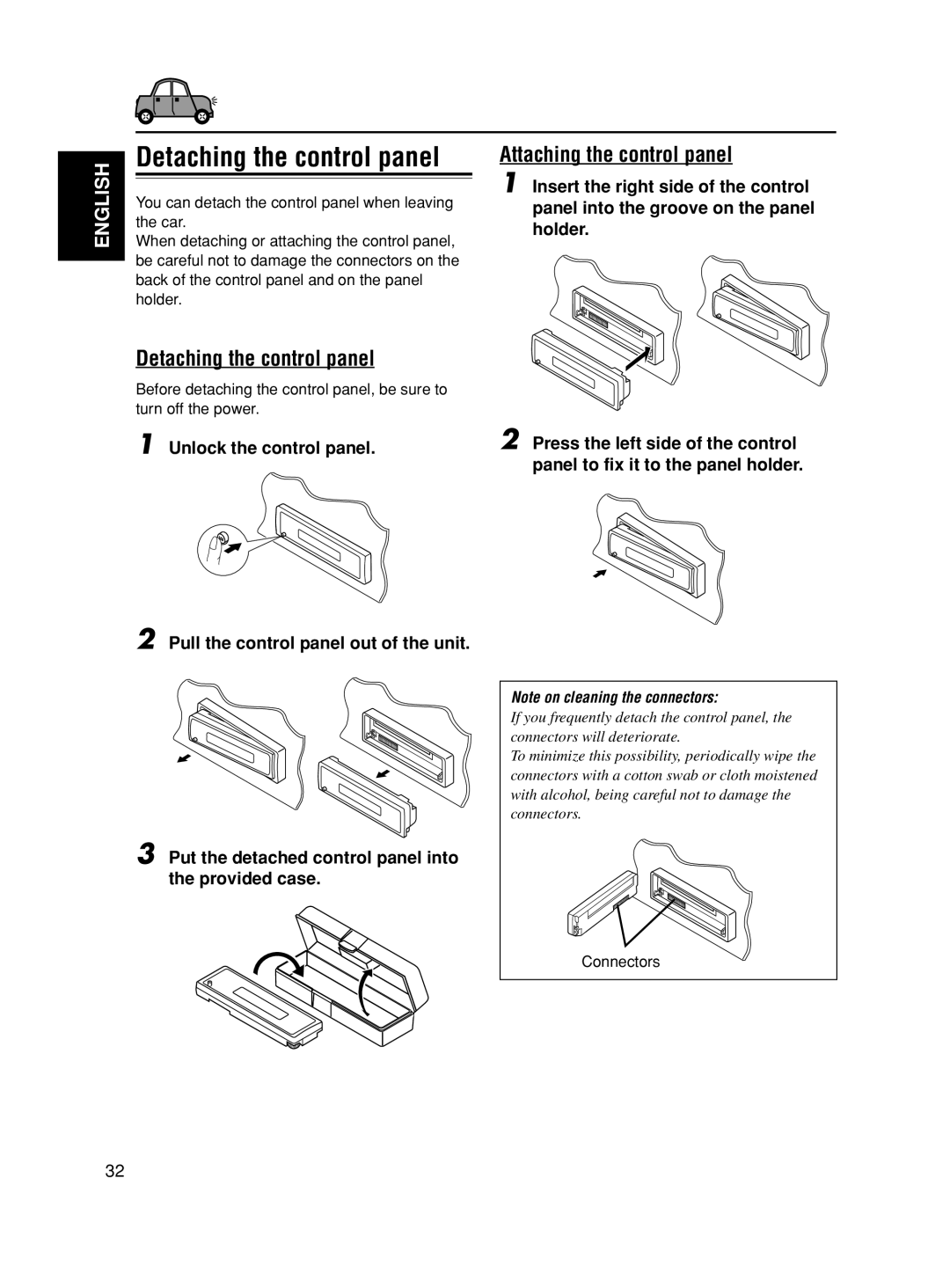 JVC GET0188-001A manual Detaching the control panel, Attaching the control panel, Connectors 