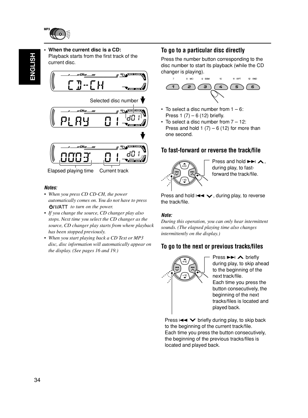 JVC GET0188-001A To go to a particular disc directly, To fast-forward or reverse the track/file, Selected disc number 