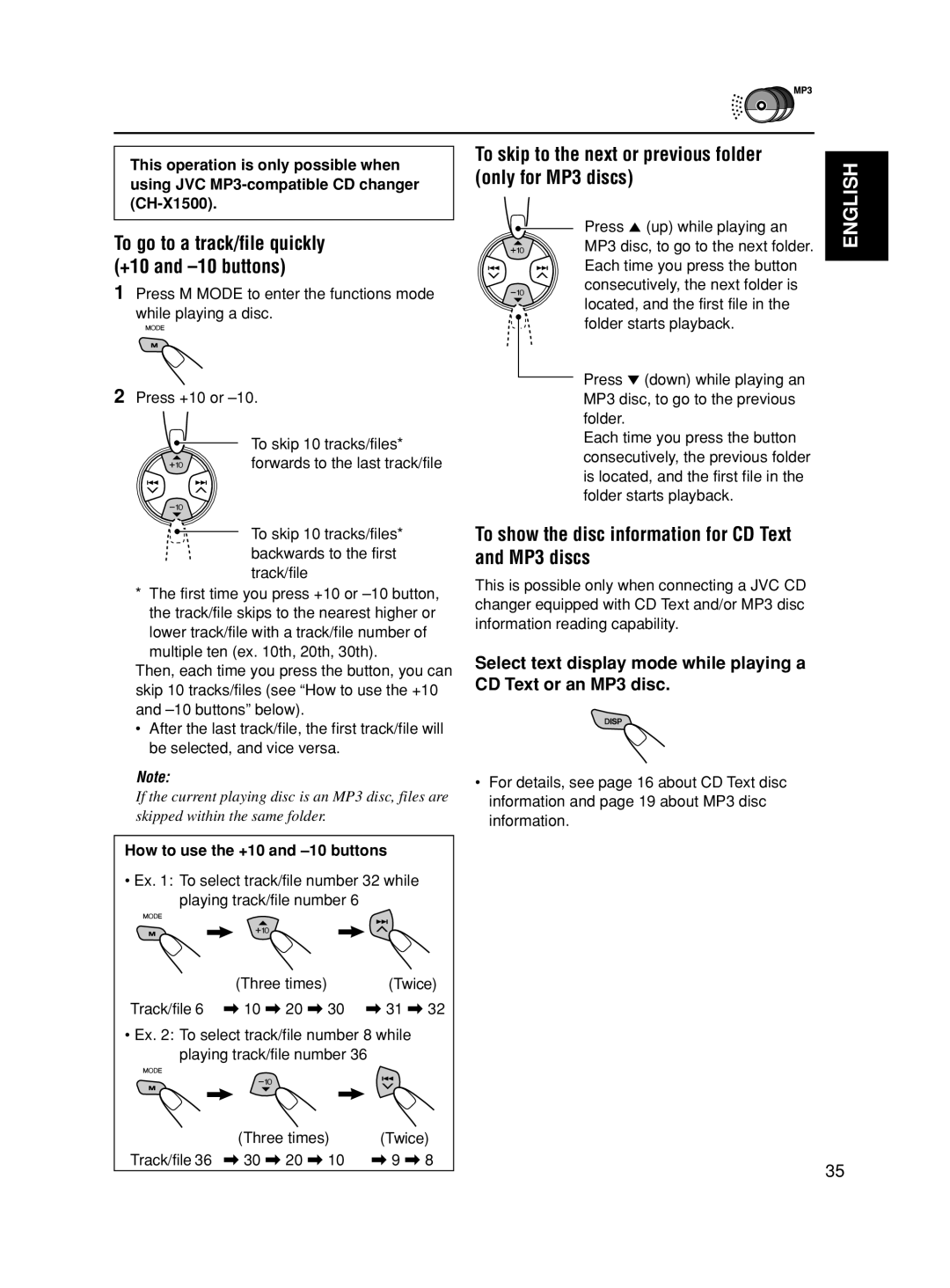 JVC GET0188-001A manual Only for MP3 discs, To show the disc information for CD Text and MP3 discs, Track/file 36 \ 30 \ 20 