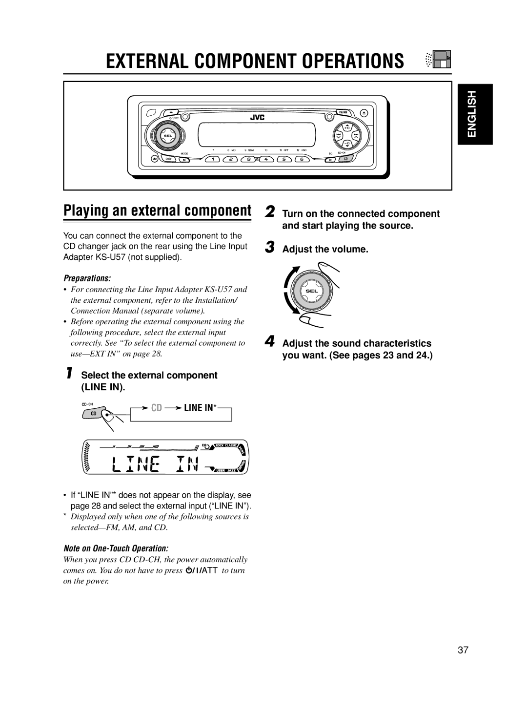 JVC GET0188-001A manual External Component Operations, Select the external component Line, CD Line 