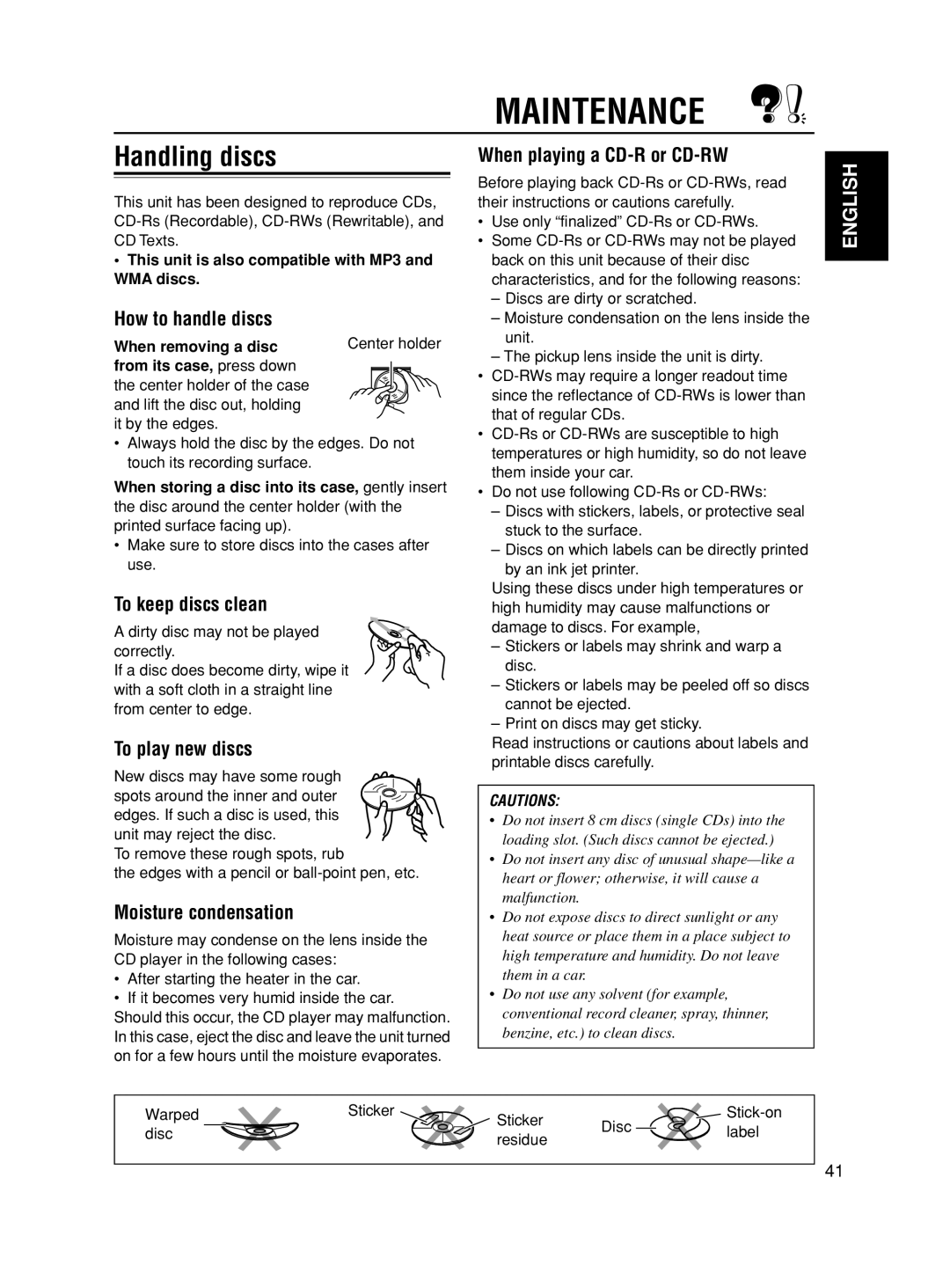 JVC GET0188-001A manual Maintenance, Handling discs 