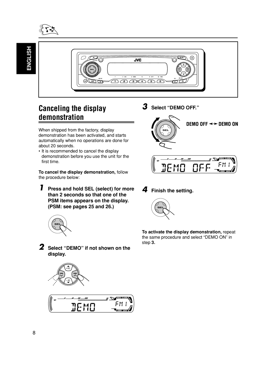 JVC GET0188-001A manual Canceling the display, Demonstration, Select Demo OFF 