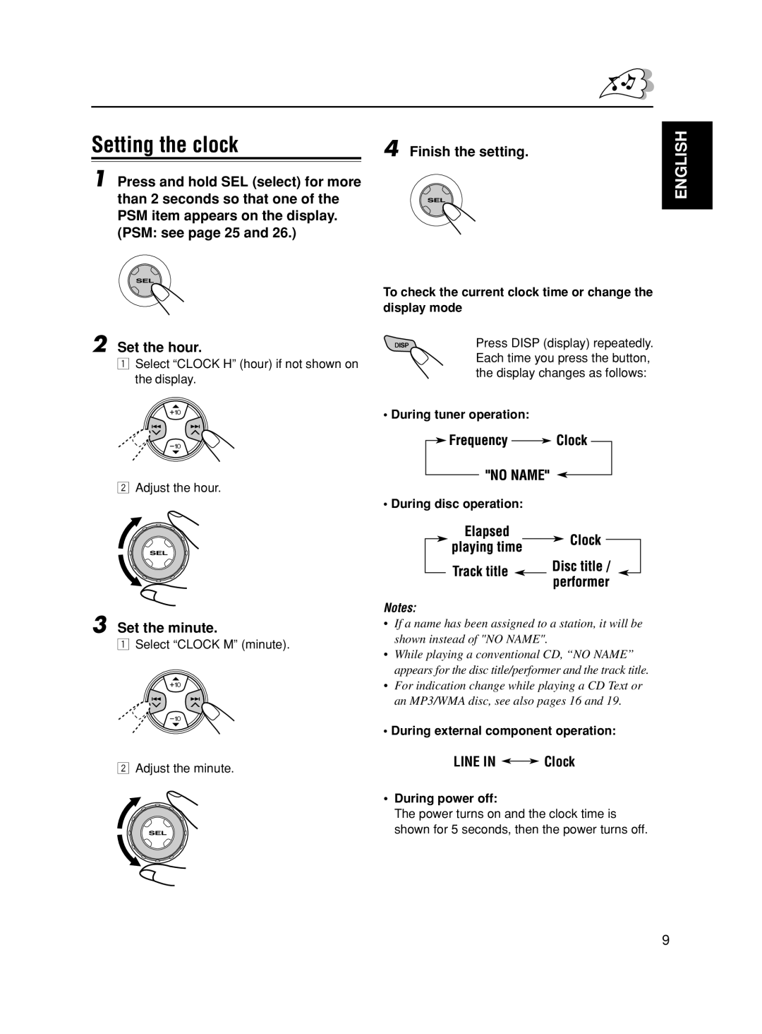 JVC GET0188-001A manual Setting the clock, Set the hour, Set the minute, Line in Clock 