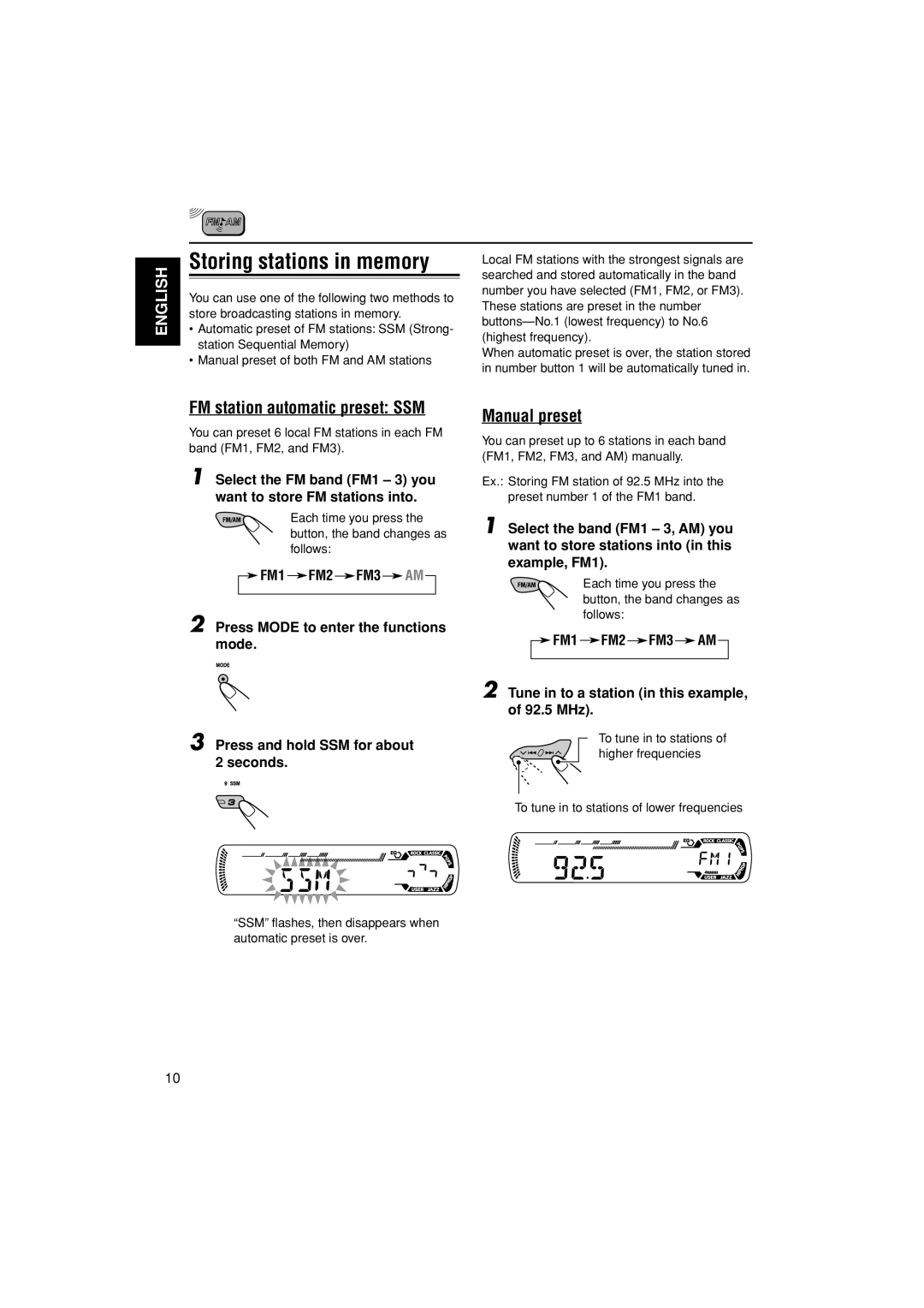 JVC GET0195-001A manual Storing stations in memory, FM station automatic preset SSM, Manual preset 