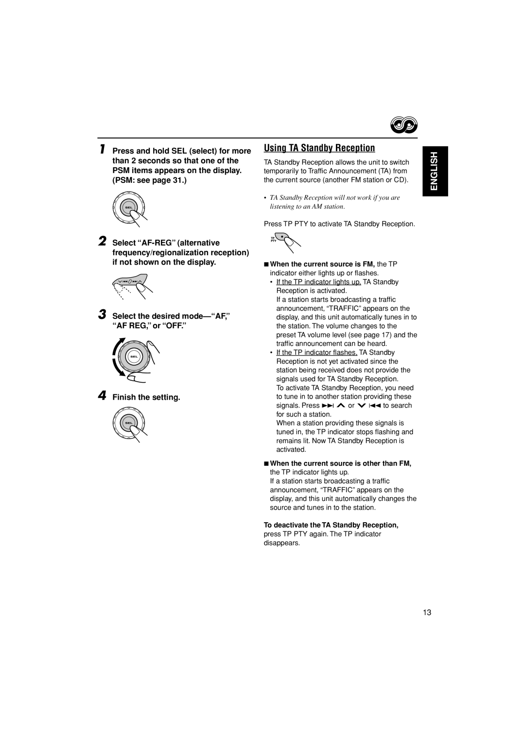 JVC GET0195-001A manual Using TA Standby Reception, Press TP PTY to activate TA Standby Reception 