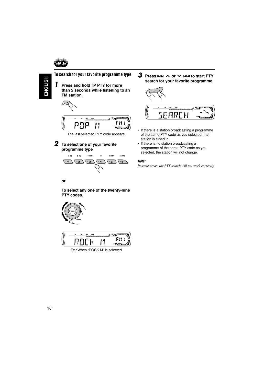 JVC GET0195-001A manual Press ¢ or 4to start PTY search for your favorite programme, Ex. When Rock M is selected 