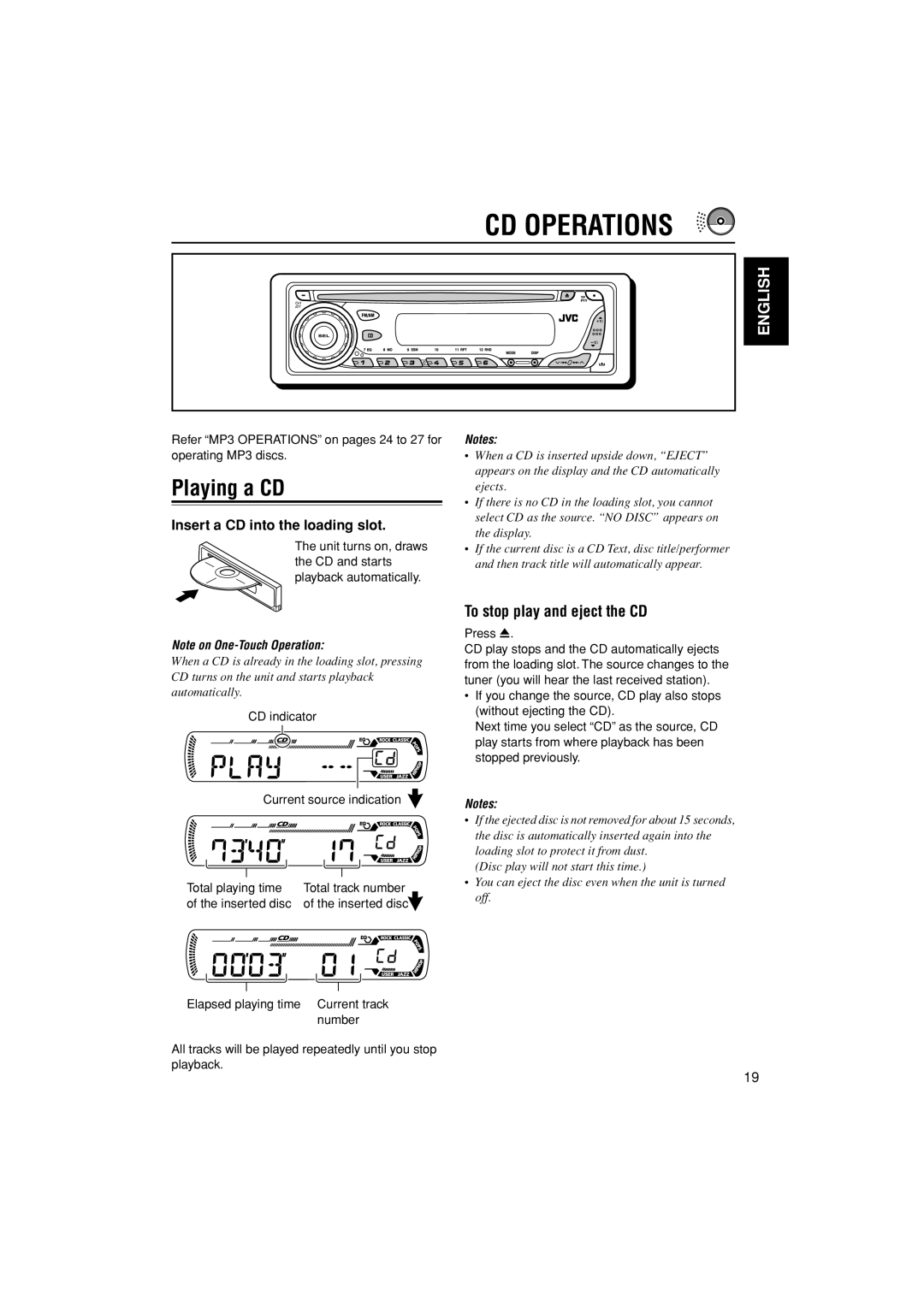 JVC GET0195-001A manual CD Operations, Playing a CD, To stop play and eject the CD, Insert a CD into the loading slot 