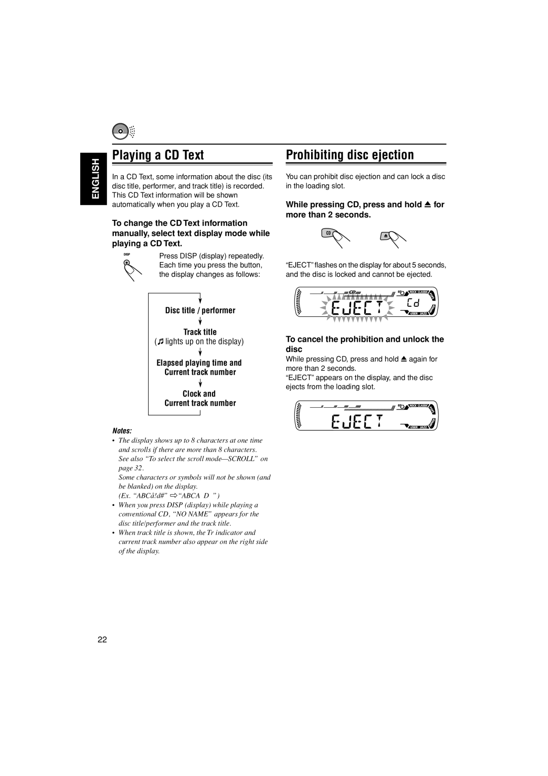 JVC GET0195-001A Playing a CD Text Prohibiting disc ejection, While pressing CD, press and hold 0 for more than 2 seconds 