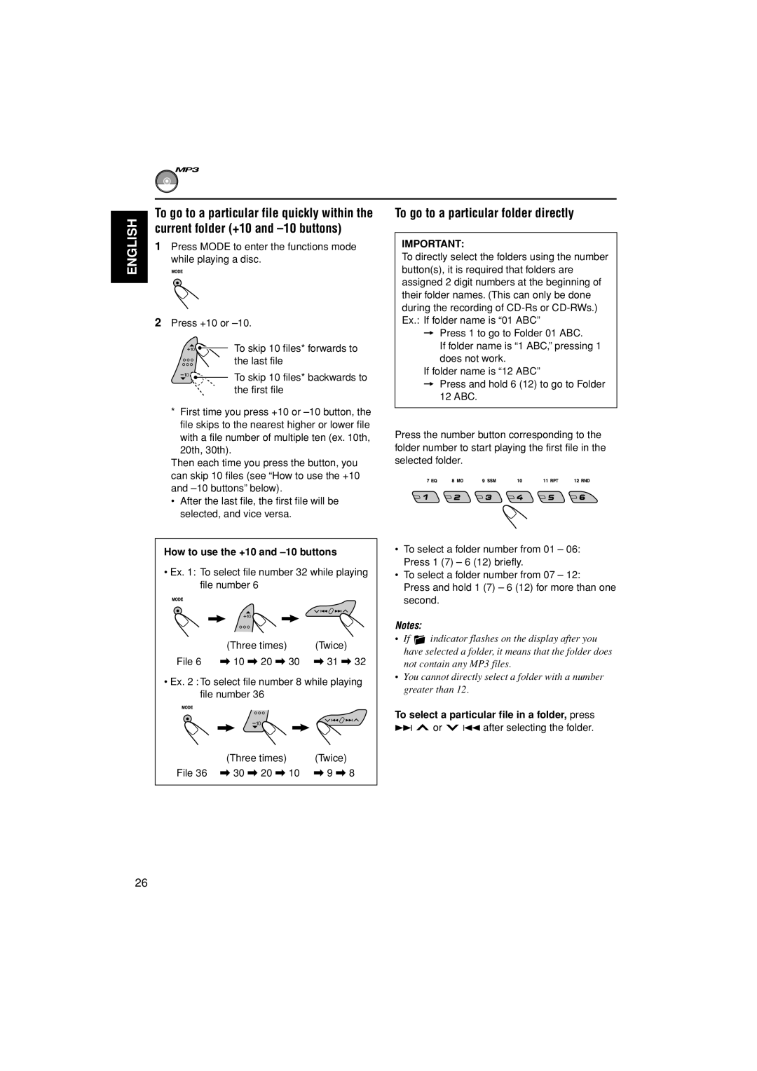 JVC GET0195-001A manual Current folder +10 and -10 buttons, To go to a particular folder directly 