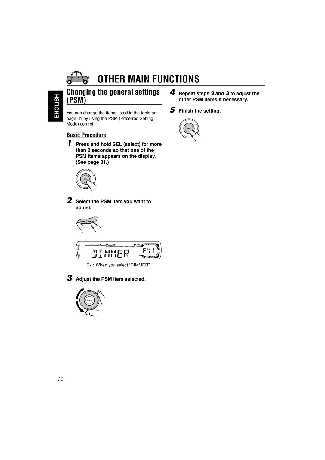 JVC GET0195-001A Other Main Functions, Changing the general settings PSM, Basic Procedure, Adjust the PSM item selected 