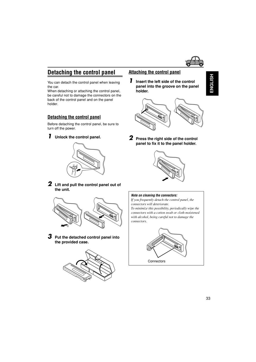 JVC GET0195-001A manual Detaching the control panel, Attaching the control panel, Connectors 