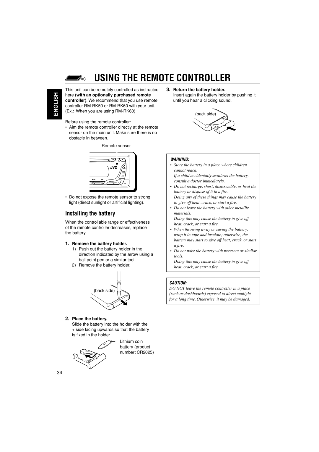 JVC GET0195-001A manual Using the Remote Controller, Installing the battery 