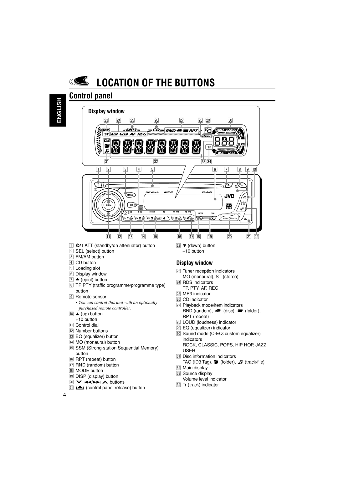 JVC GET0195-001A manual Location of the Buttons, Control panel, Display window 