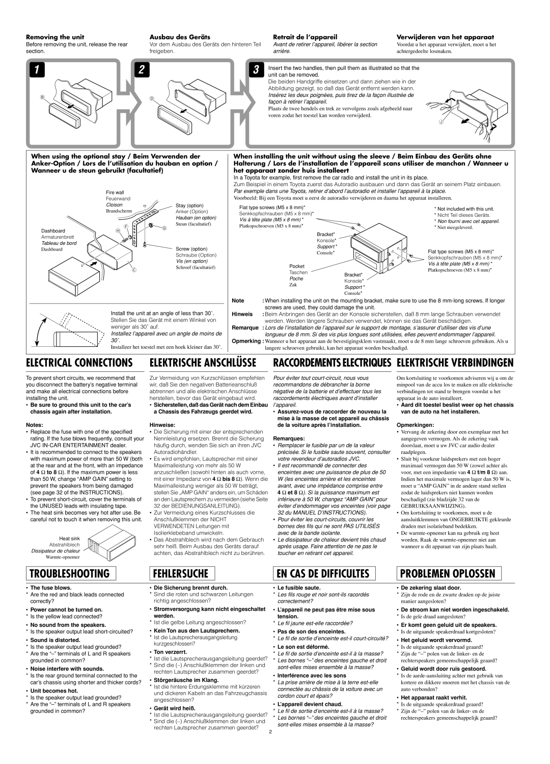 JVC GET0195-001A Remarque, Hinweise, Fuse blows, Sound is distorted, Noise interfere with sounds, Unit becomes hot 