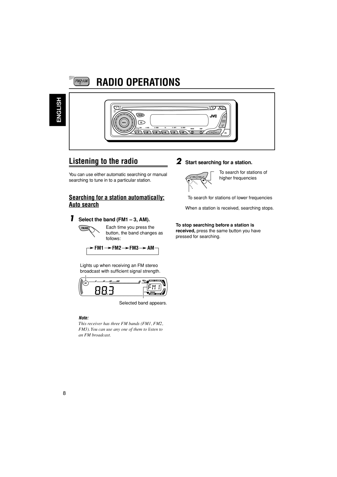 JVC GET0195-001A manual Radio Operations, Listening to the radio, Searching for a station automatically Auto search 