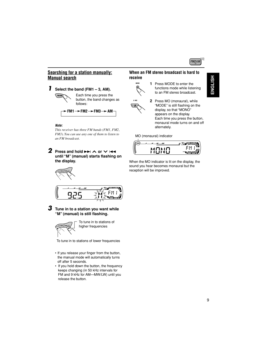 JVC GET0195-001A Searching for a station manually Manual search, When an FM stereo broadcast is hard to receive 