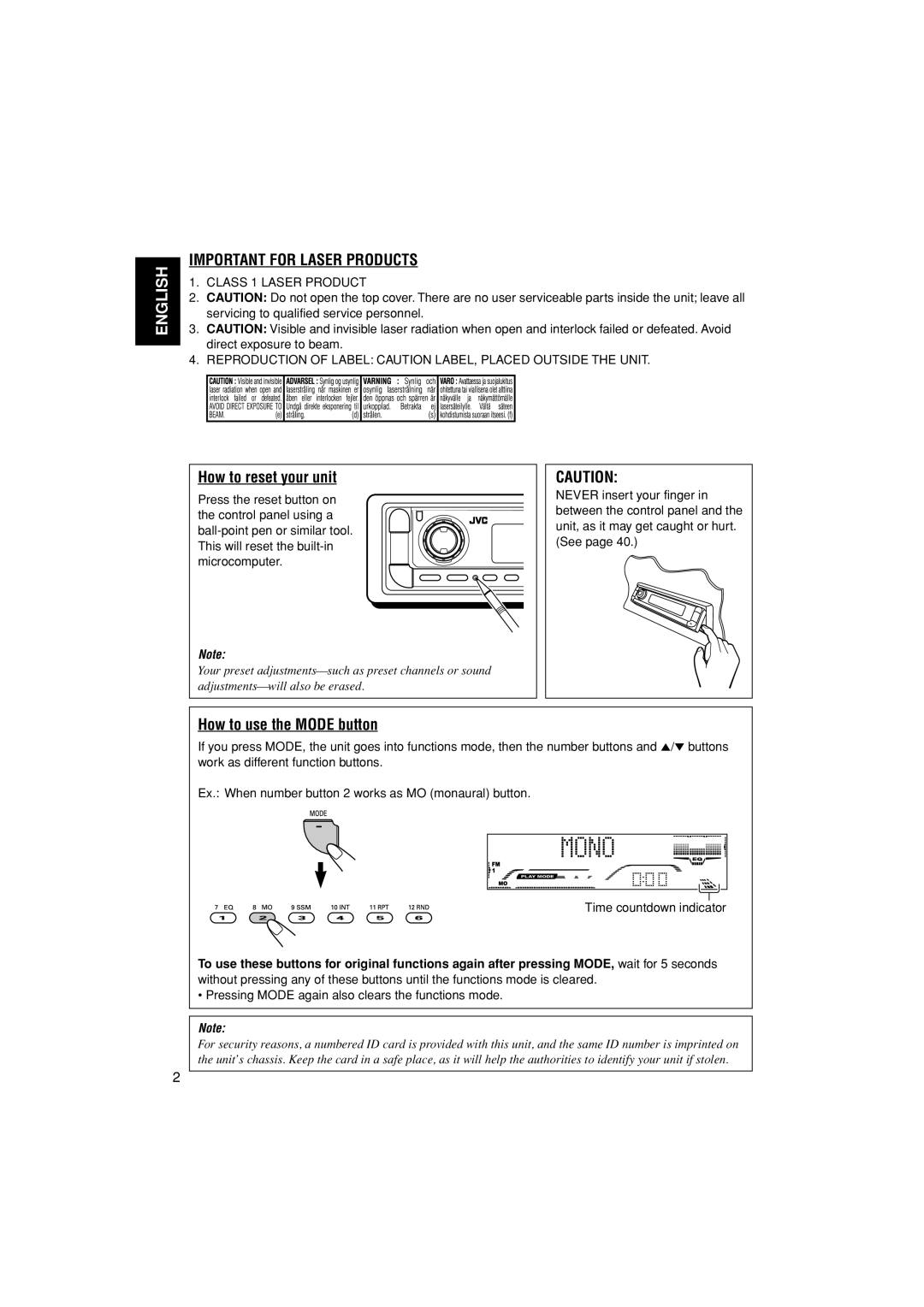 JVC GET0199-001A, GET0200-002A, GET0199-005A, GET0200-001A manual How to reset your unit, How to use the Mode button 