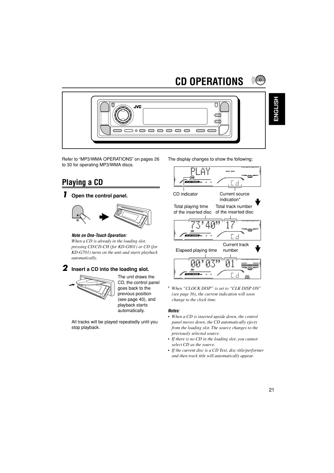 JVC GET0199-005A, GET0200-002A manual CD Operations, Playing a CD, Open the control panel, Insert a CD into the loading slot 