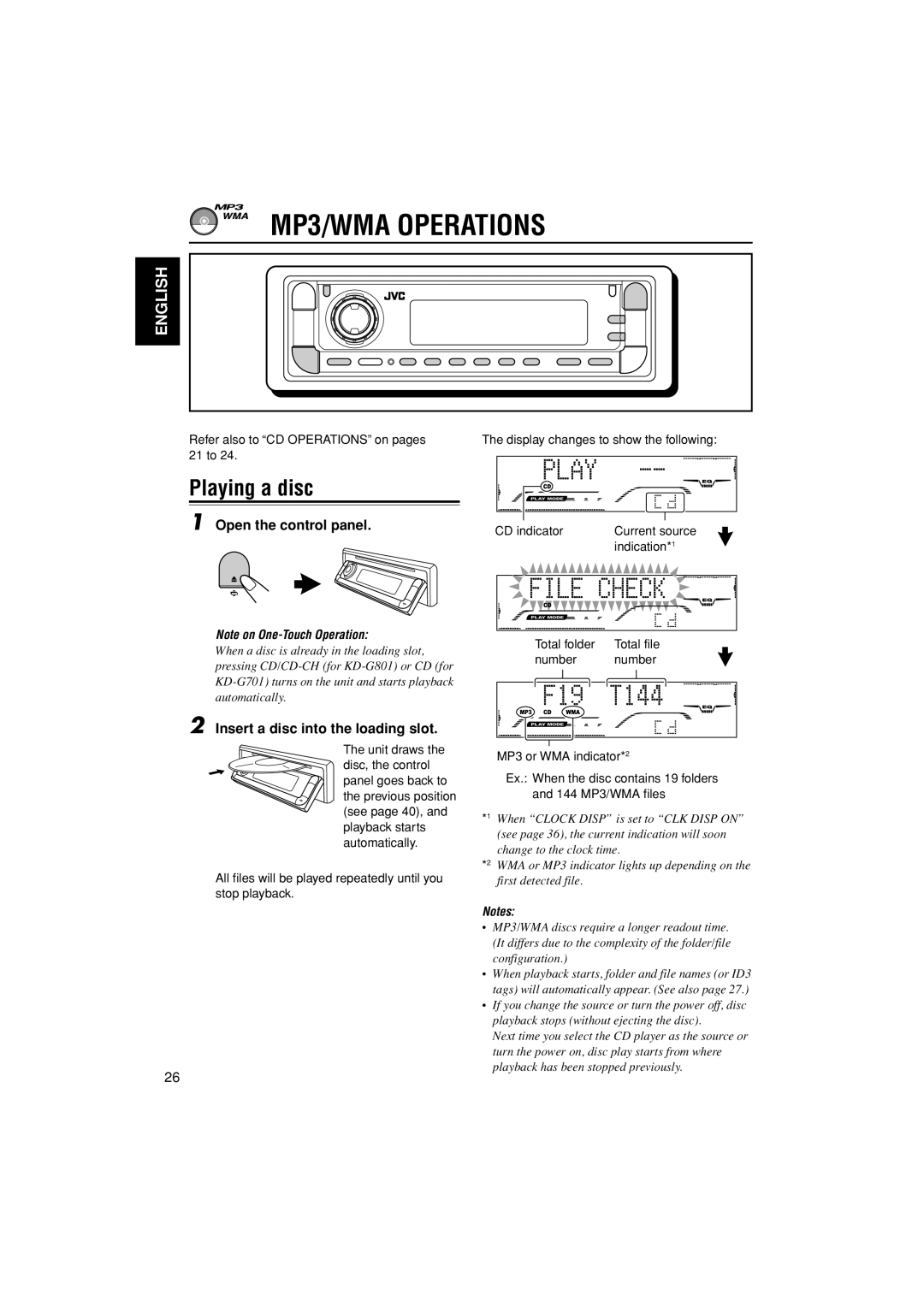 JVC GET0199-001A, GET0200-002A, GET0199-005A manual MP3/WMA Operations, Playing a disc, Insert a disc into the loading slot 