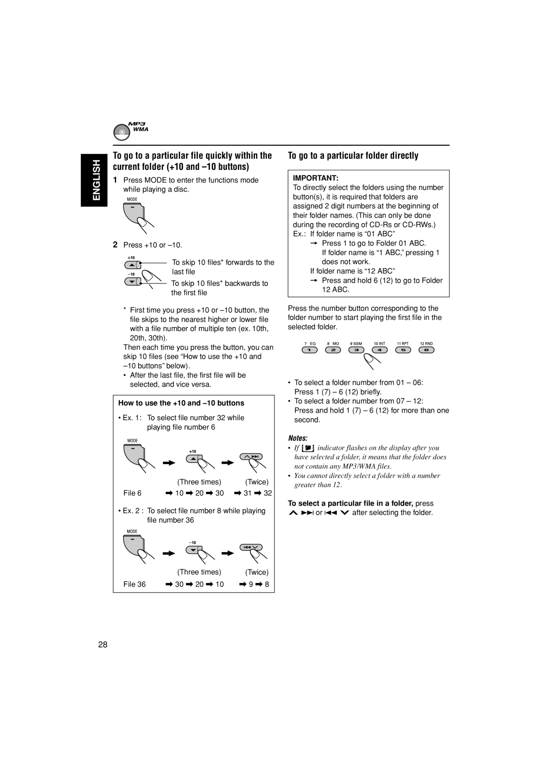 JVC GET0200-002A, GET0199-005A, GET0199-001A manual Current folder +10 and -10 buttons, To go to a particular folder directly 