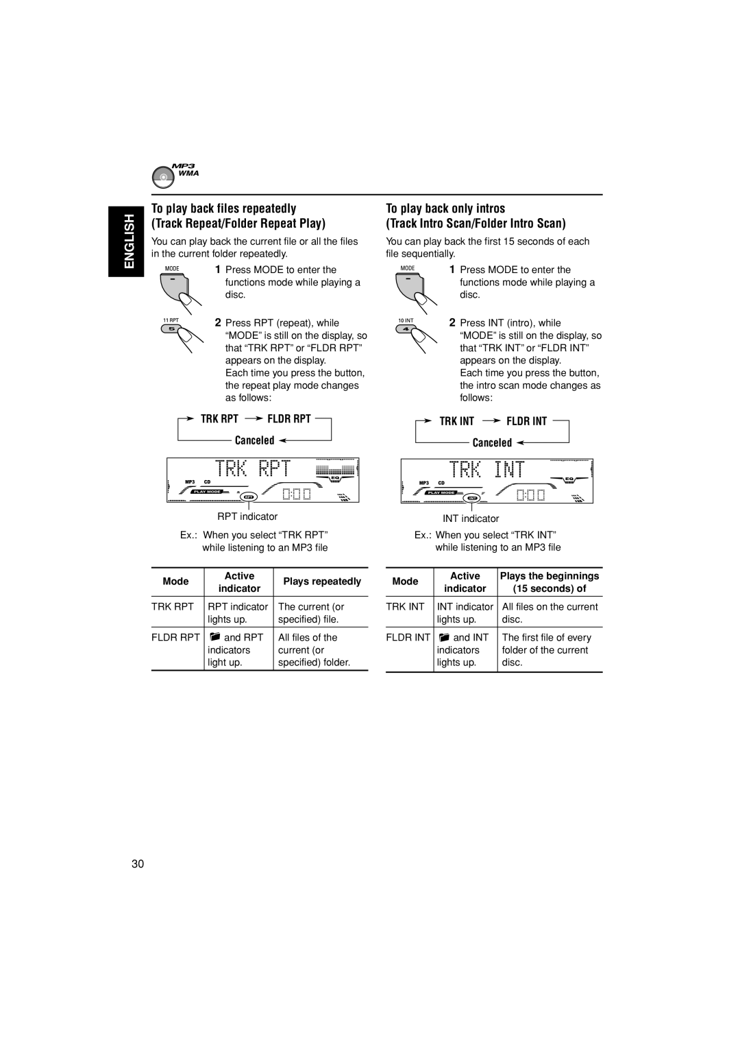 JVC GET0199-001A manual To play back only intros Track Intro Scan/Folder Intro Scan, TRK RPT Fldr RPT, TRK INT Fldr INT 