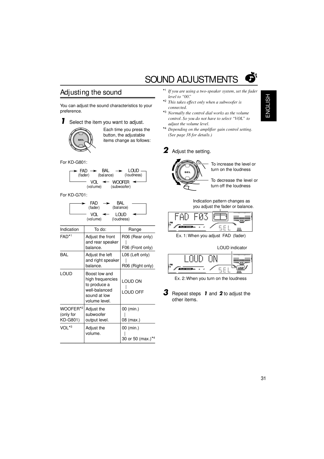 JVC GET0200-001A, GET0200-002A, GET0199-005A, GET0199-001A Sound Adjustments, Adjusting the sound, FAD BAL Loud, VOL Woofer 