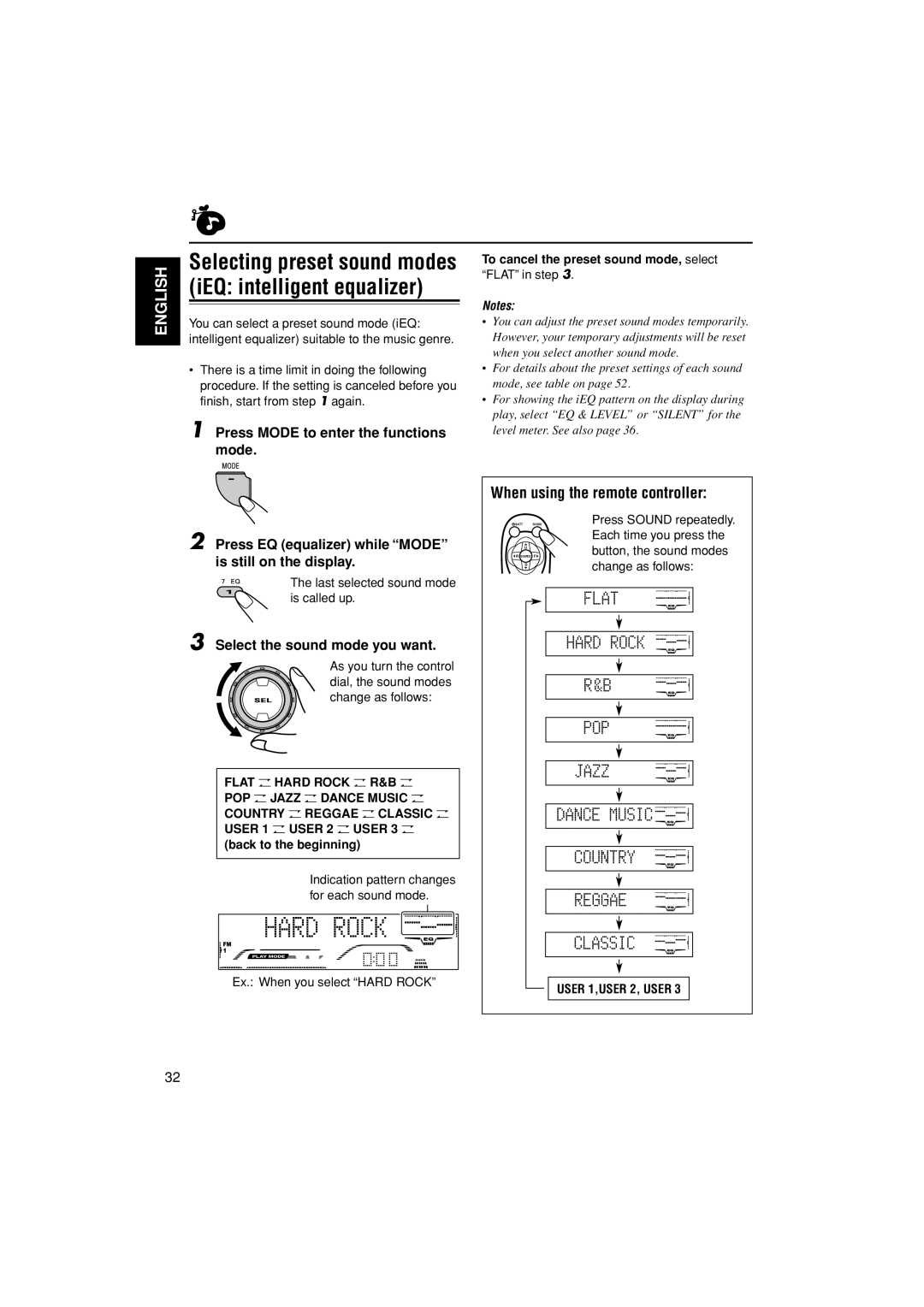 JVC GET0200-002A When using the remote controller, Press Mode to enter the functions mode, Press EQ equalizer while Mode 