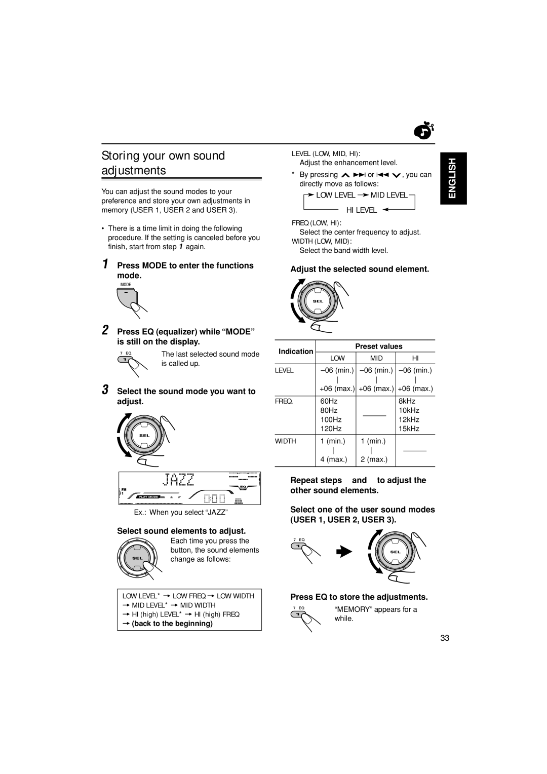 JVC GET0199-005A, GET0200-002A, GET0199-001A manual Storing your own sound adjustments, MID Level, LOW Level, HI Level 