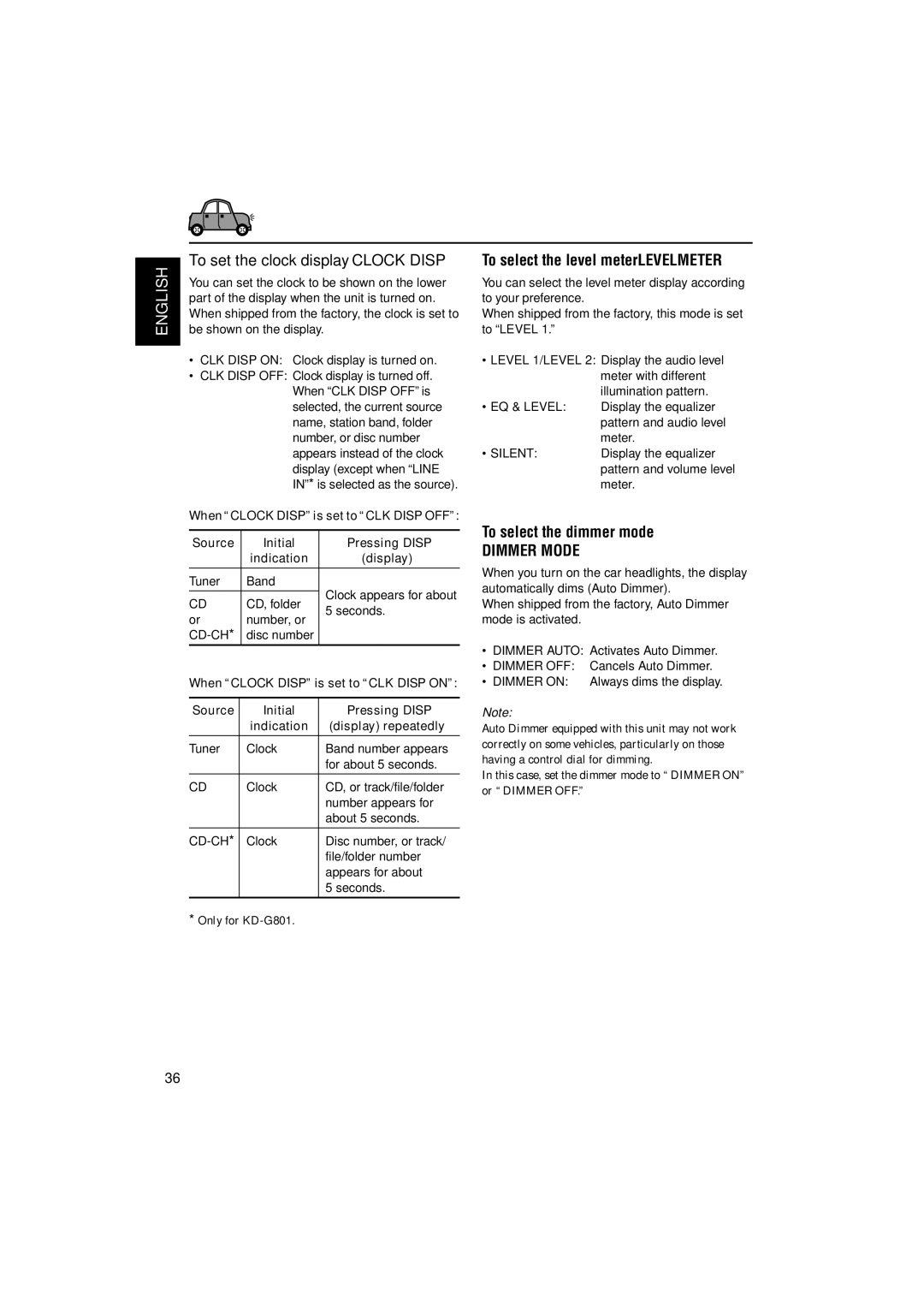 JVC GET0200-002A To set the clock display-CLOCK Disp, To select the level meter-LEVELMETER, To select the dimmer mode 