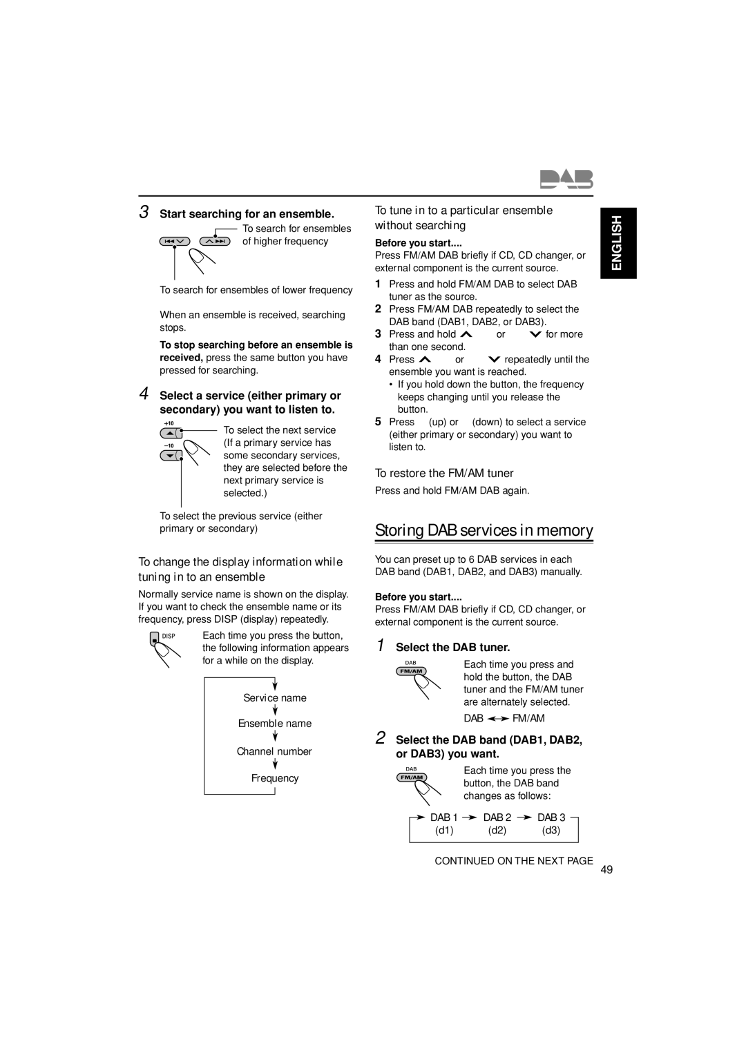 JVC GET0199-005A, GET0200-002A manual To tune in to a particular ensemble without searching, To restore the FM/AM tuner 