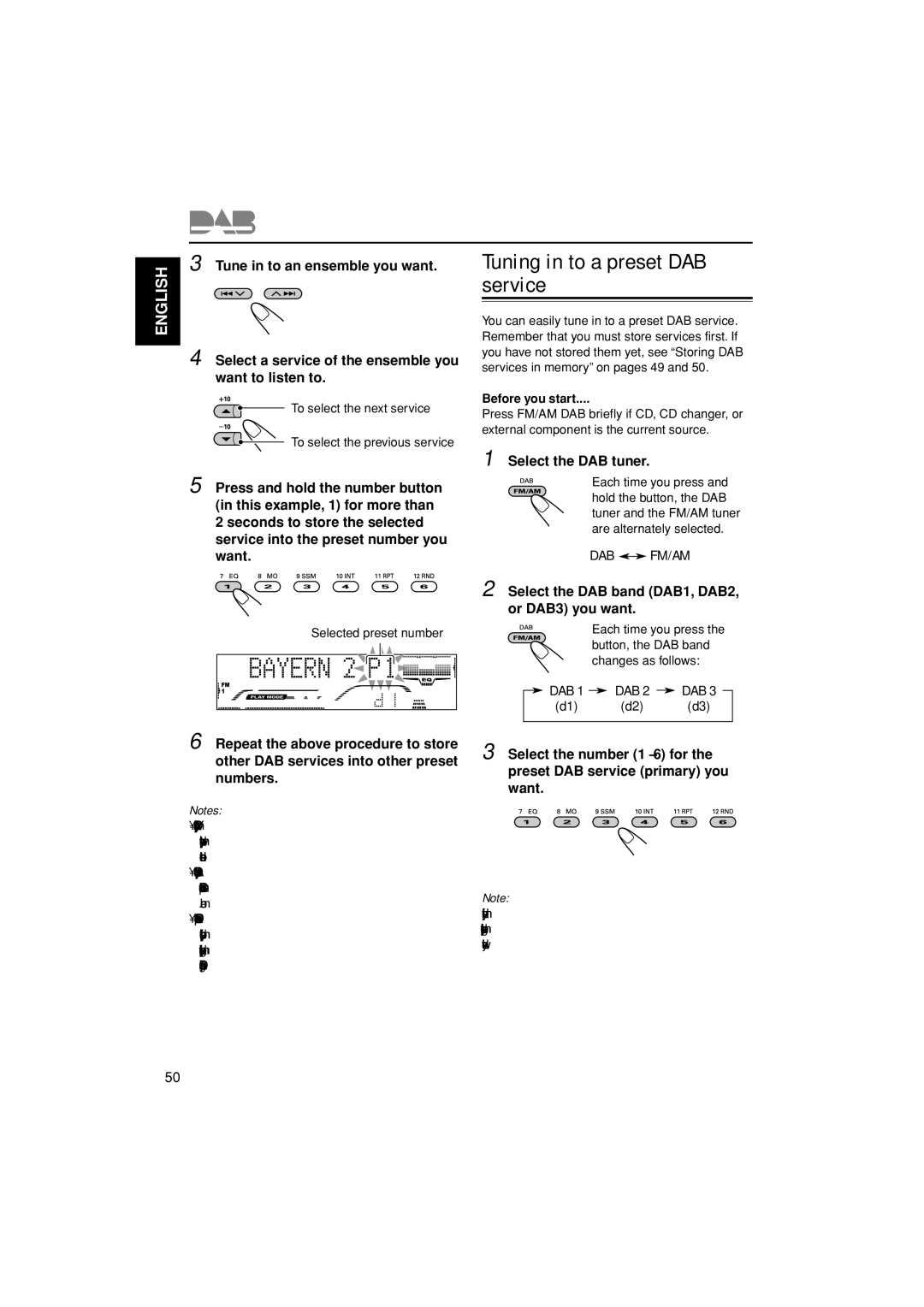 JVC GET0199-001A, GET0200-002A, GET0199-005A manual Tuning in to a preset DAB service, Tune in to an ensemble you want 