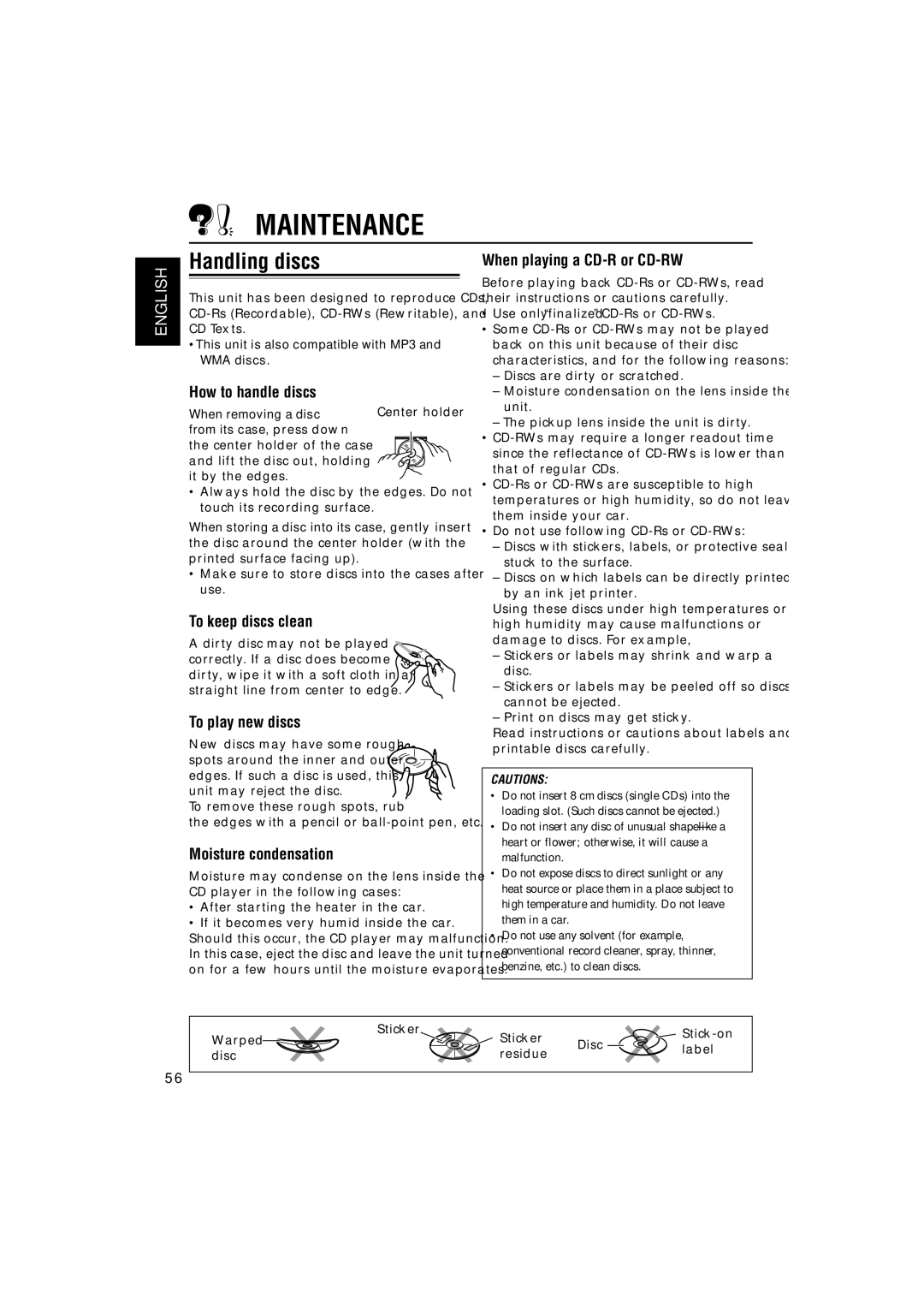 JVC GET0200-002A, GET0199-005A, GET0199-001A, GET0200-001A manual Maintenance, Handling discs 