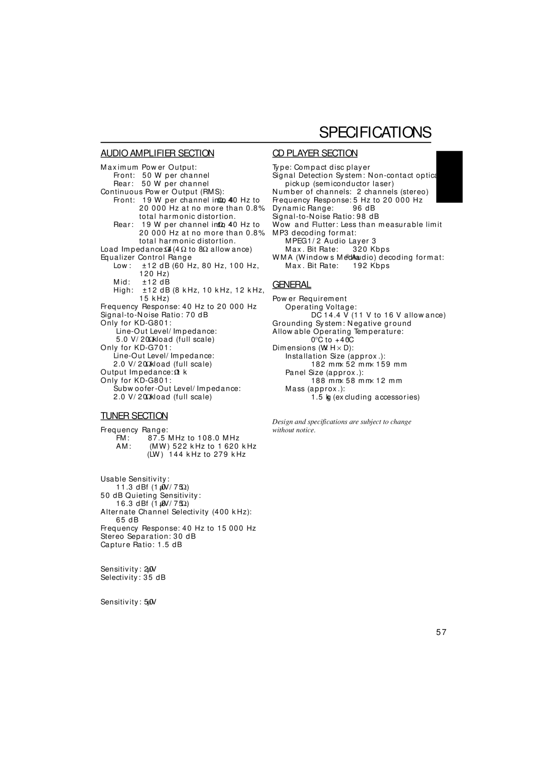 JVC GET0199-005A, GET0200-002A, GET0199-001A, GET0200-001A manual Specifications, FM Tuner, MW Tuner, LW Tuner 