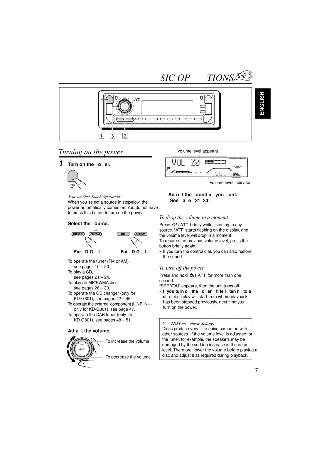 JVC GET0200-001A manual Basic Operations, Turning on the power, To drop the volume in a moment, To turn off the power 