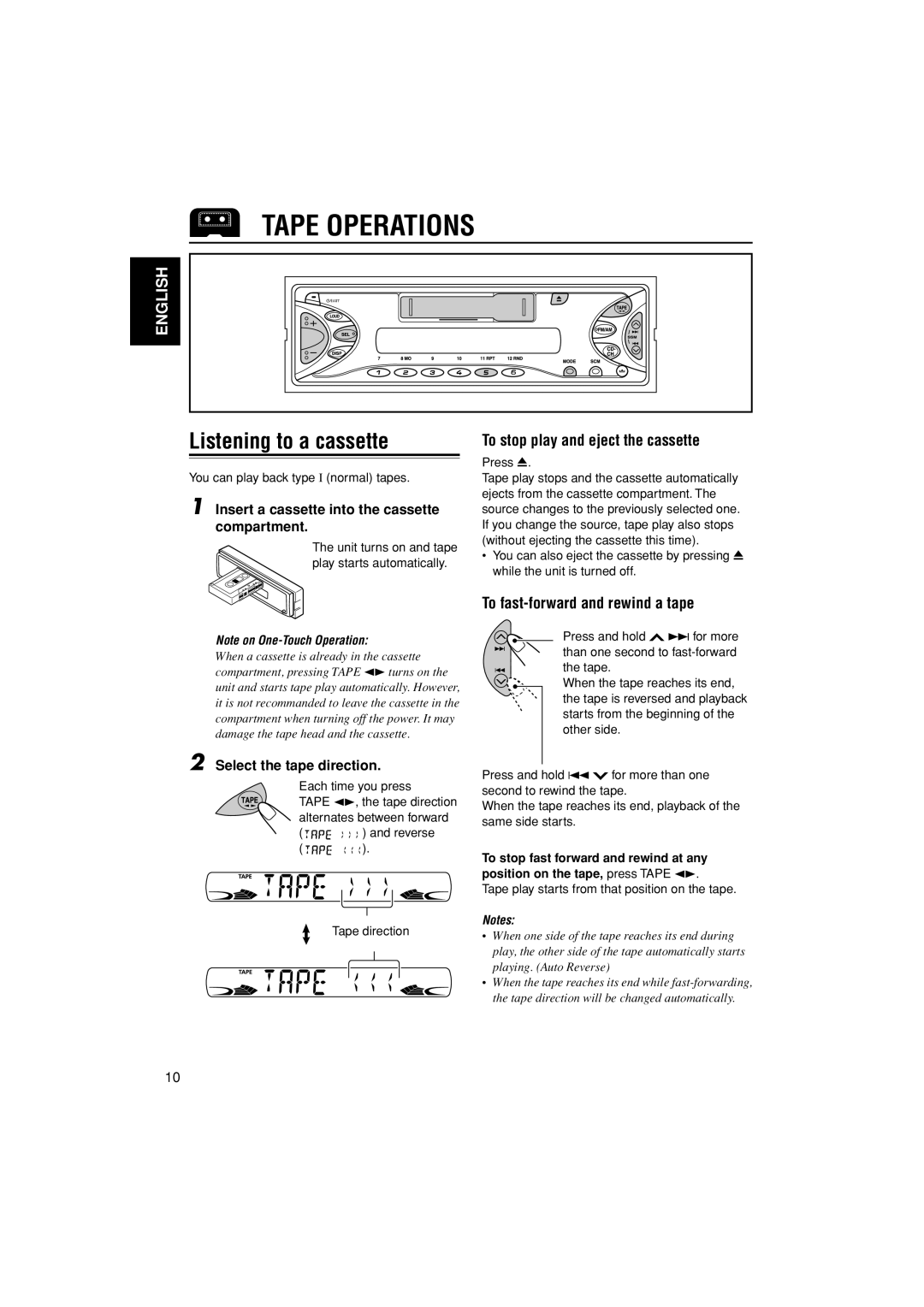 JVC GET0241-001B, KS-FX555 manual Tape Operations, Listening to a cassette, To stop play and eject the cassette 