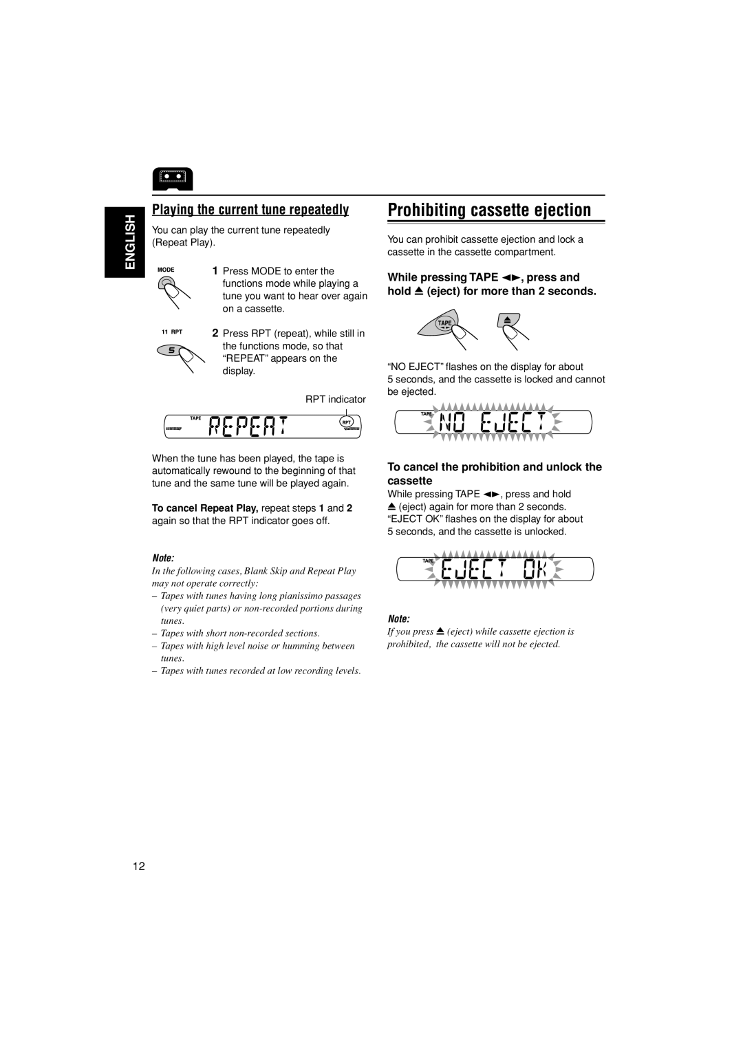 JVC GET0241-001B, KS-FX555 manual Prohibiting cassette ejection, Playing the current tune repeatedly 