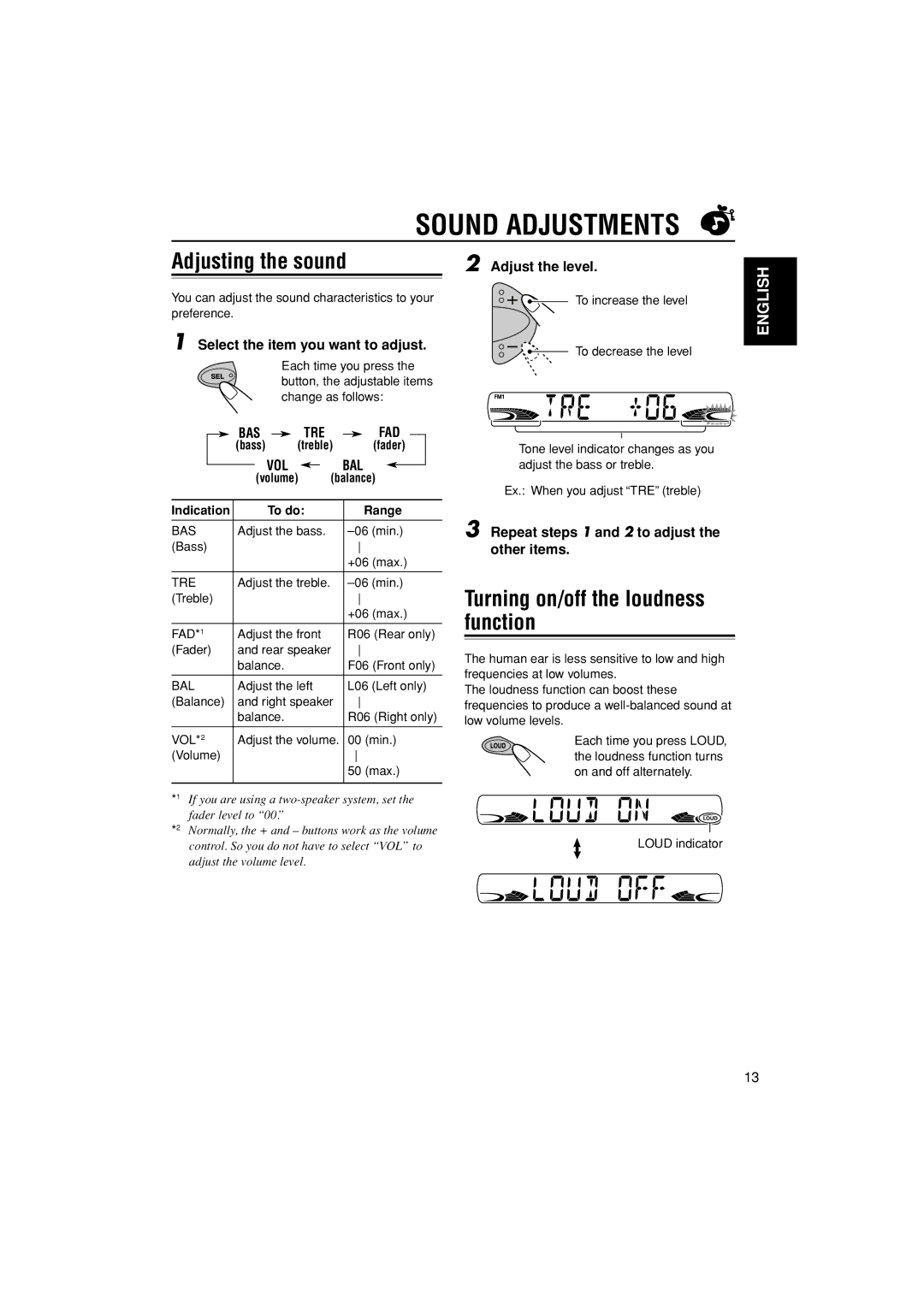 JVC KS-FX555 manual Sound Adjustments, Adjusting the sound, Turning on/off the loudness function, Bas Tre Fad, Vol Bal 