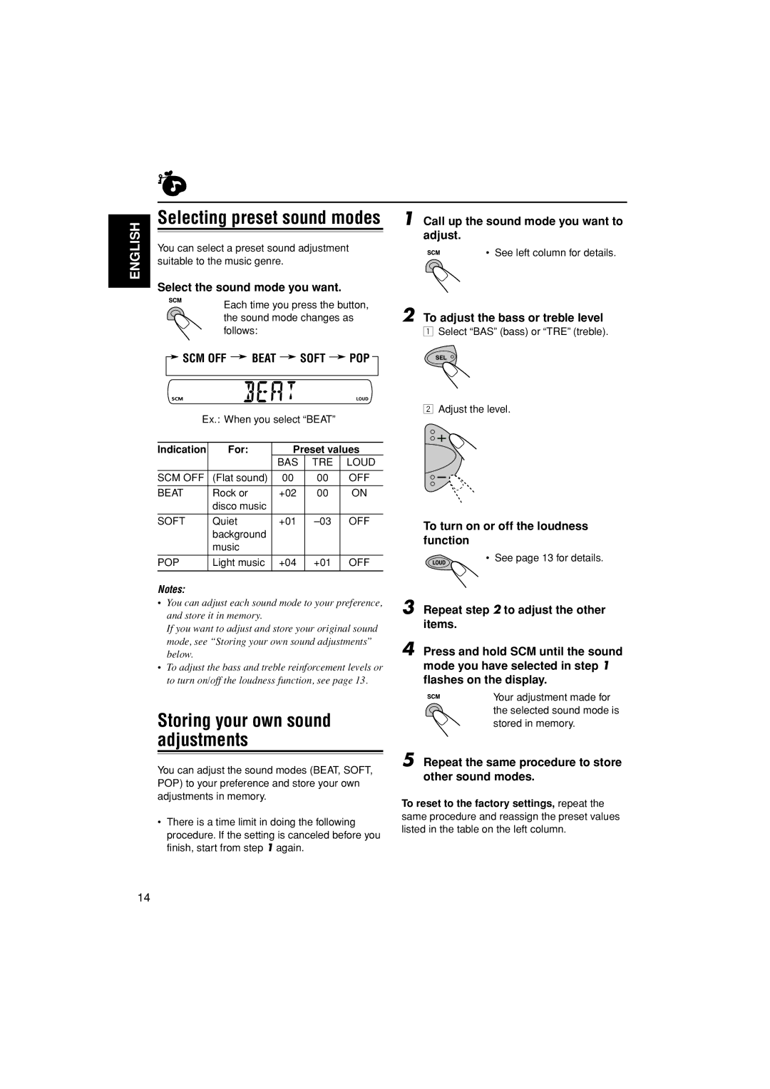 JVC GET0241-001B, KS-FX555 manual Storing your own sound adjustments, Scm Off, Soft 