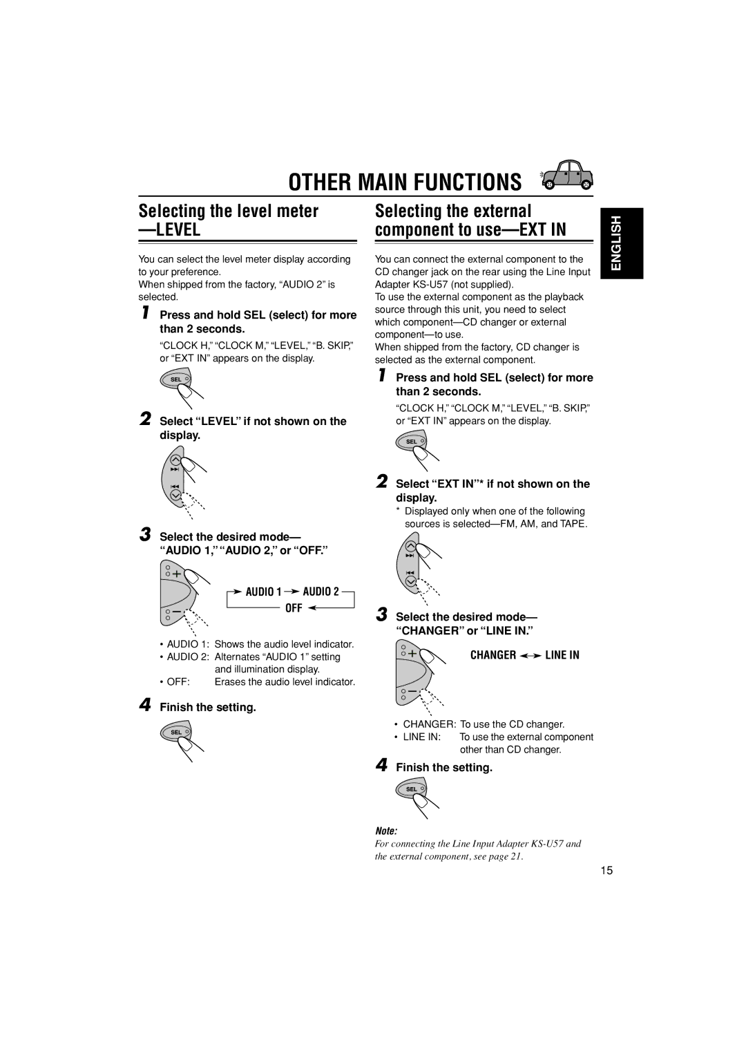 JVC KS-FX555, GET0241-001B manual Other Main Functions, Selecting the level meter, Audio 1 Audio OFF, Changer Line 