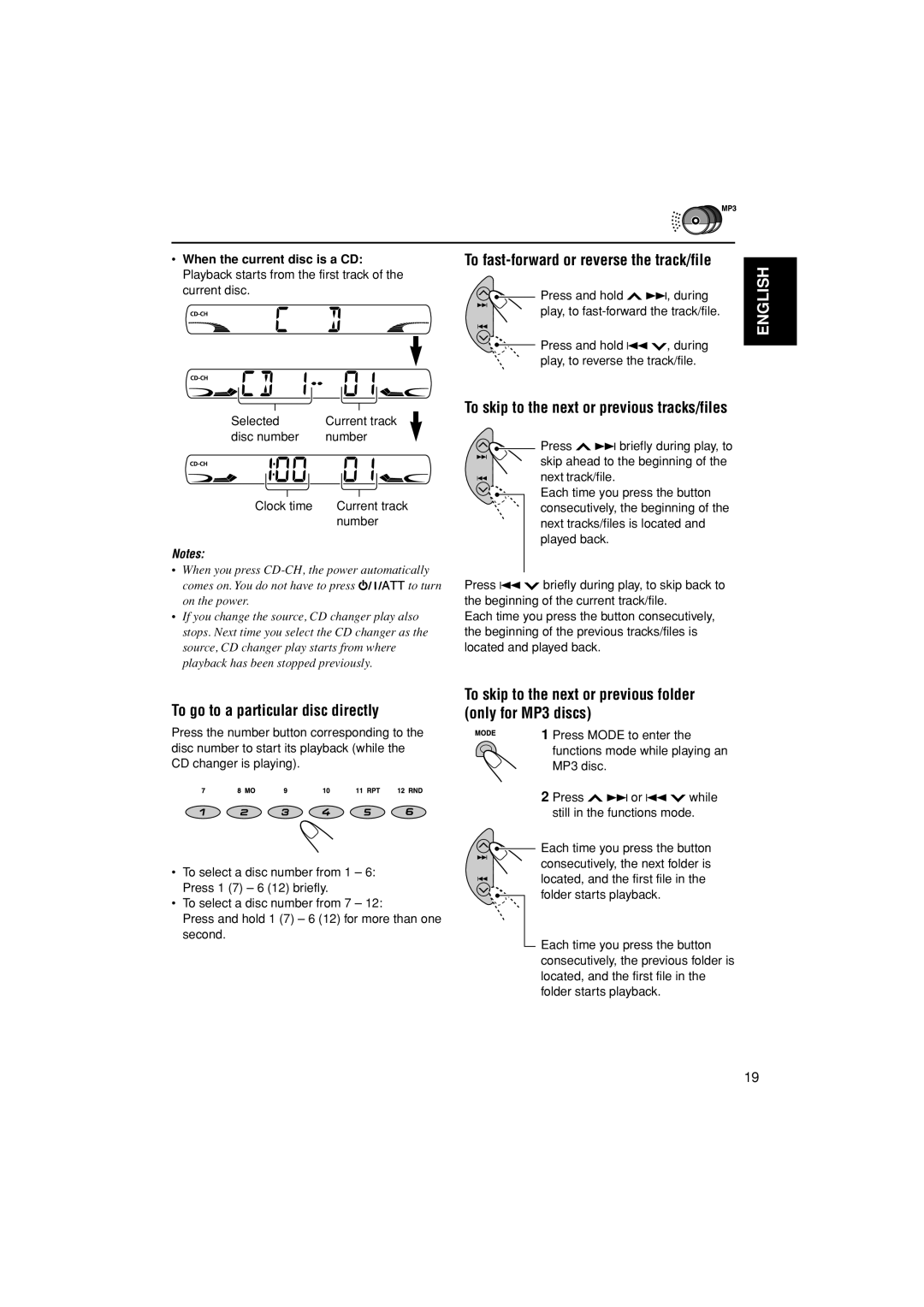 JVC KS-FX555, GET0241-001B manual To fast-forward or reverse the track/file, To skip to the next or previous tracks/files 