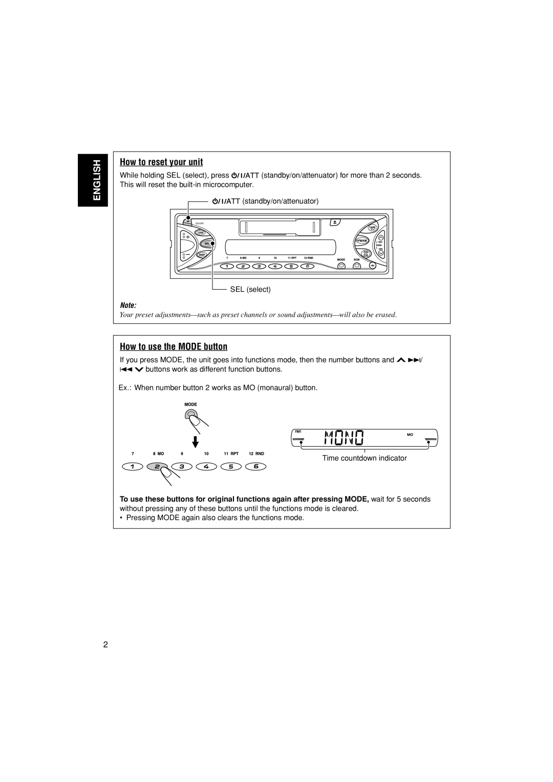 JVC GET0241-001B, KS-FX555 manual How to reset your unit, How to use the Mode button 