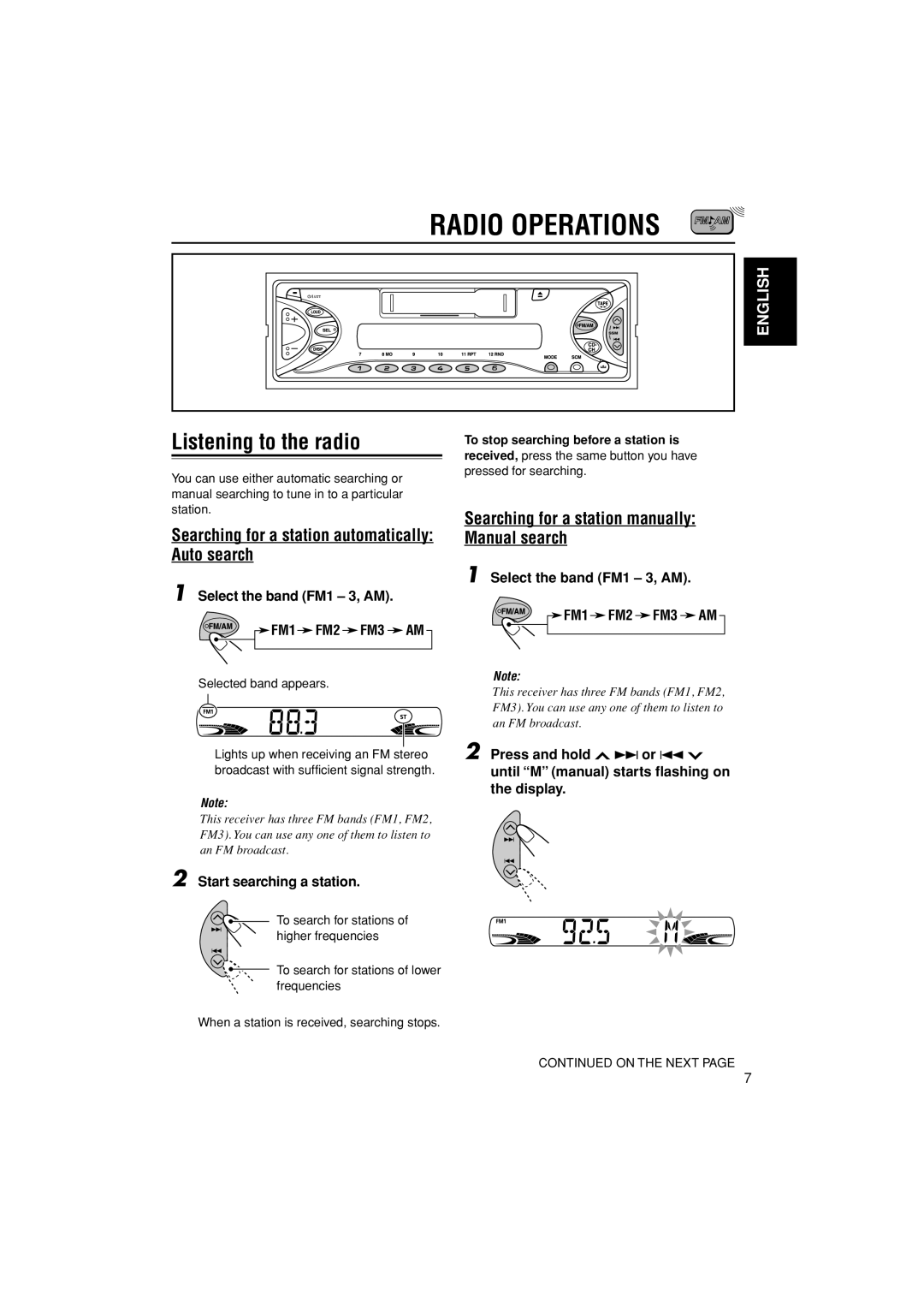 JVC KS-FX555, GET0241-001B Radio Operations, Listening to the radio, Searching for a station automatically Auto search 