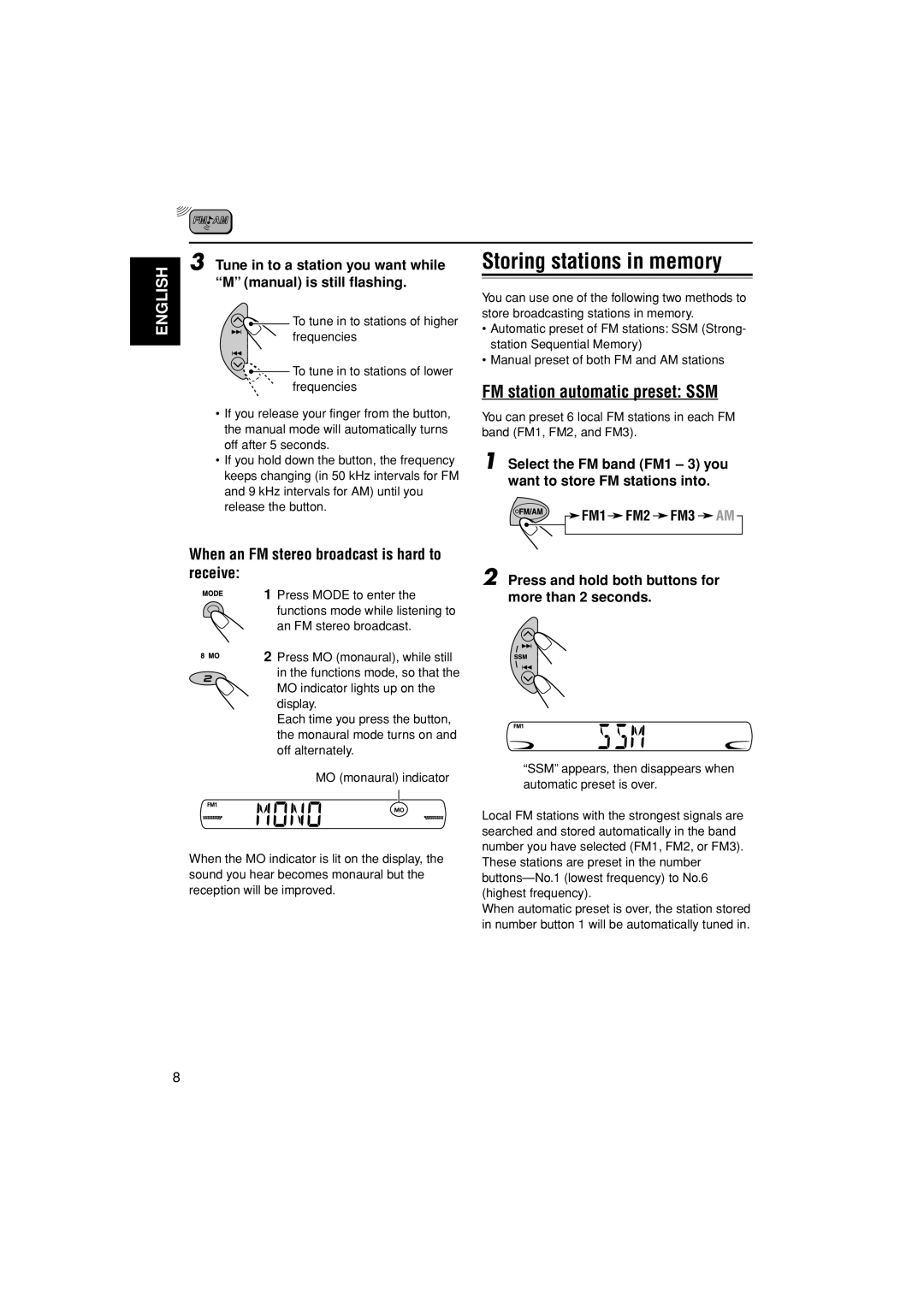 JVC GET0241-001B, KS-FX555 manual Storing stations in memory, FM station automatic preset SSM 