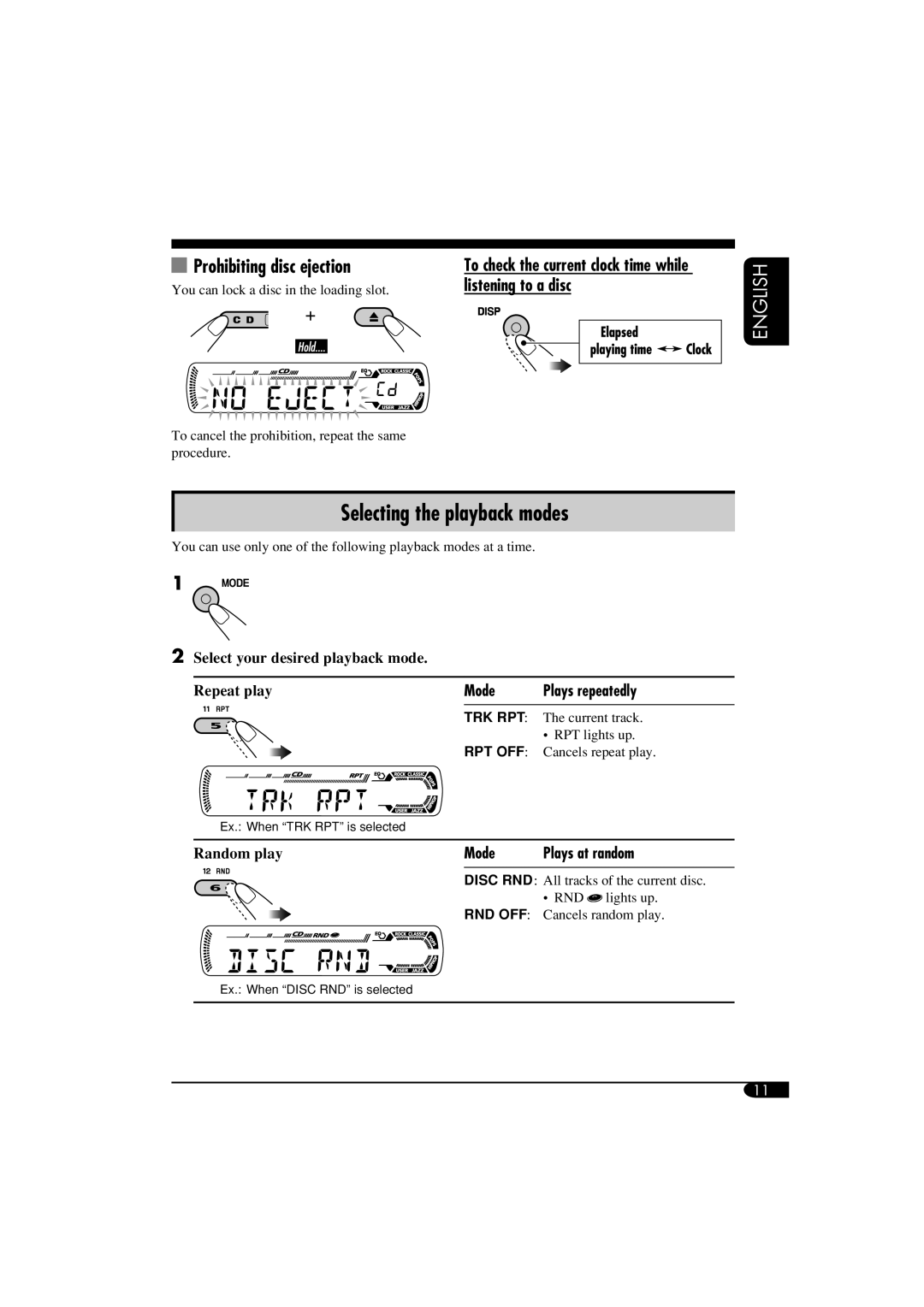 JVC GET0253-003A manual To check the current clock time while listening to a disc, Mode 